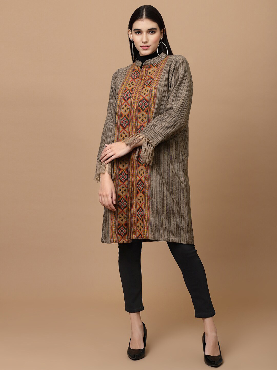 WEAVERS VILLA Geometric Self Design Longline Front Open Poncho