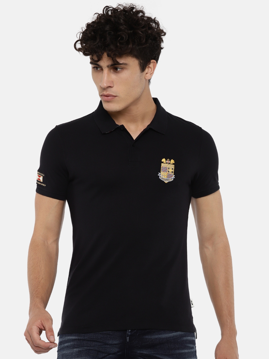 Buy Jack Jones Men Navy Blue Solid Polo Collar Pure Cotton T Shirt