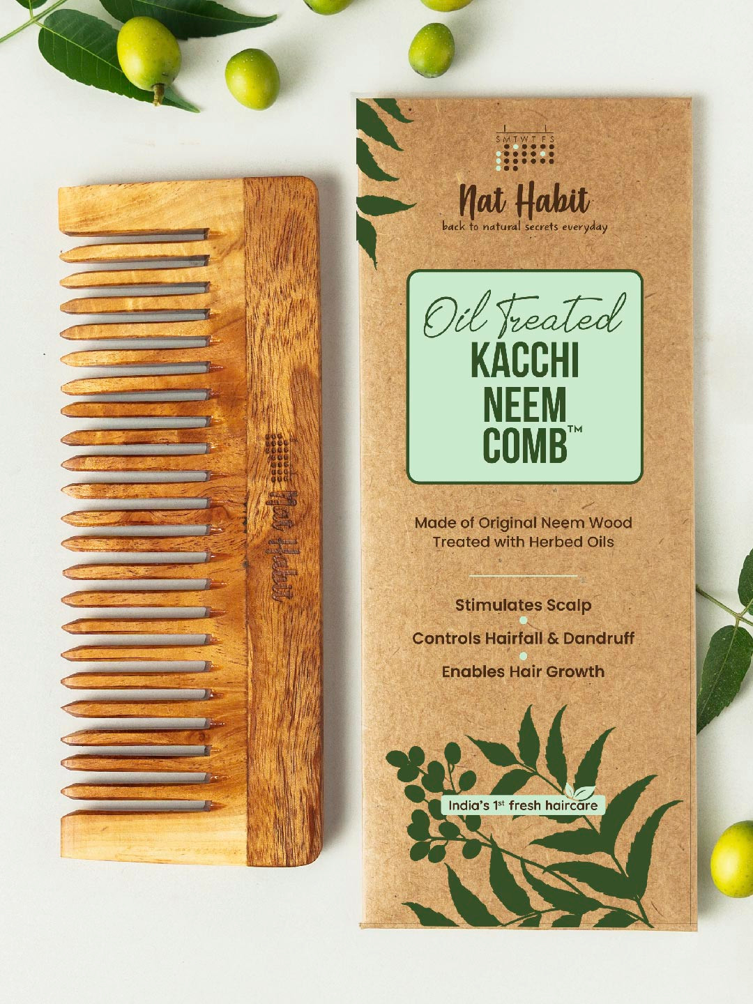 Nat Habit Kacchi Neem Large Wide Wooden Tooth Comb - Soaked in 17 Herbs & Oils - Beige