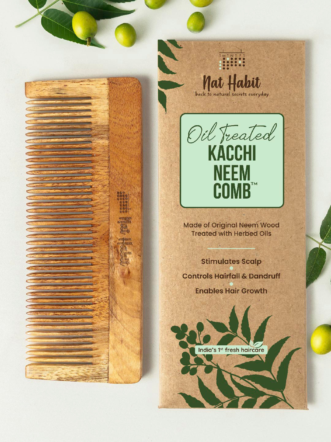 Nat Habit Kacchi Neem Large Fine Wooden Tooth Comb - Soaked in 17 Herbs & Oils - Beige