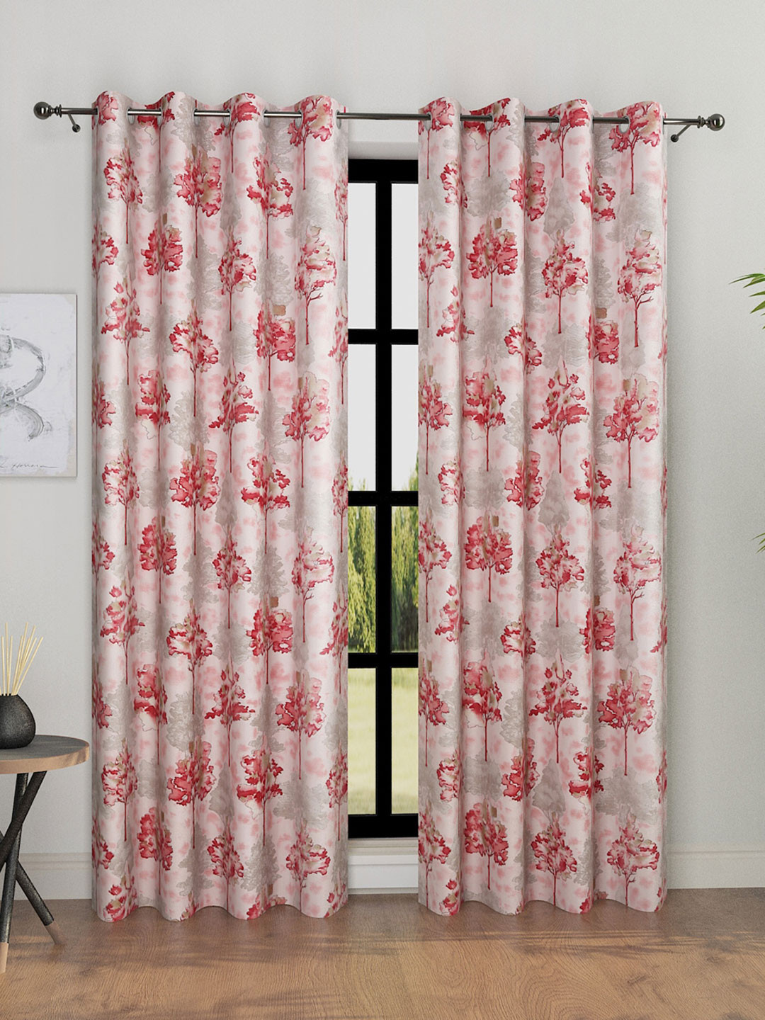 ROMEE Pink & White 2 Pieces Floral Room Darkening Long Door Curtains