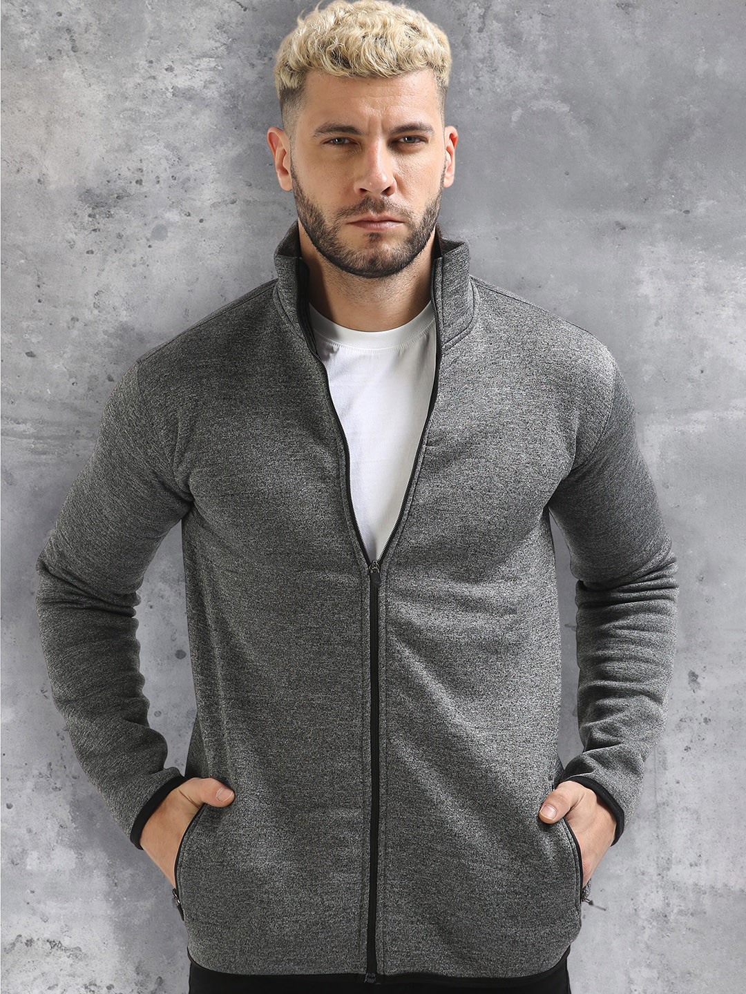 fanideaz Self Design Mock Collar Long Sleeves Open Front Jacket