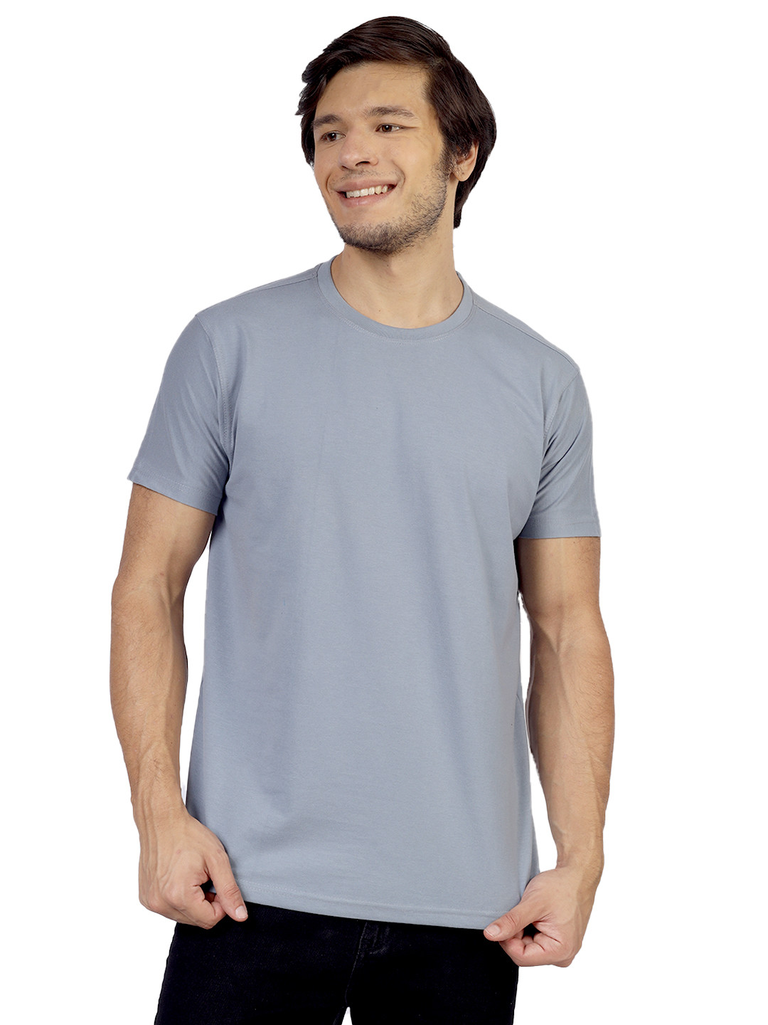 Greylongg Men Solid Grey Cotton Regular Fit Round Neck T-shirt