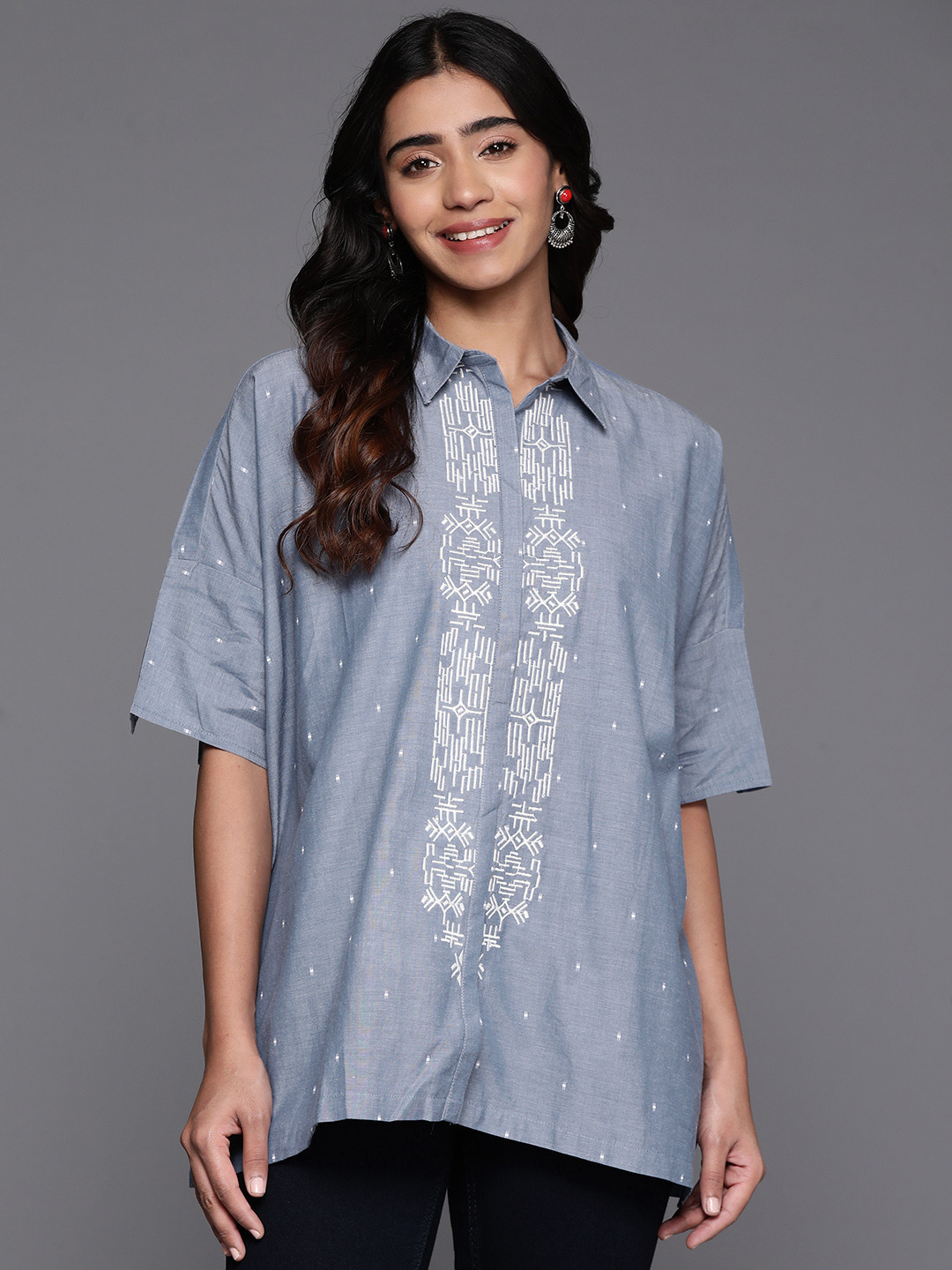 Biba Dobby Weave Cotton Shirt Style Longline Top