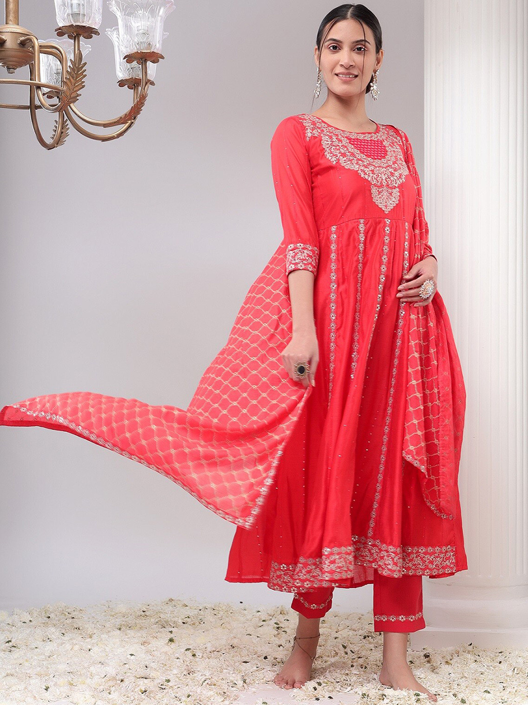 Bani Women Ethnic Motifs Embroidered Zari Chanderi Silk Kurta With Trousers & Dupatta