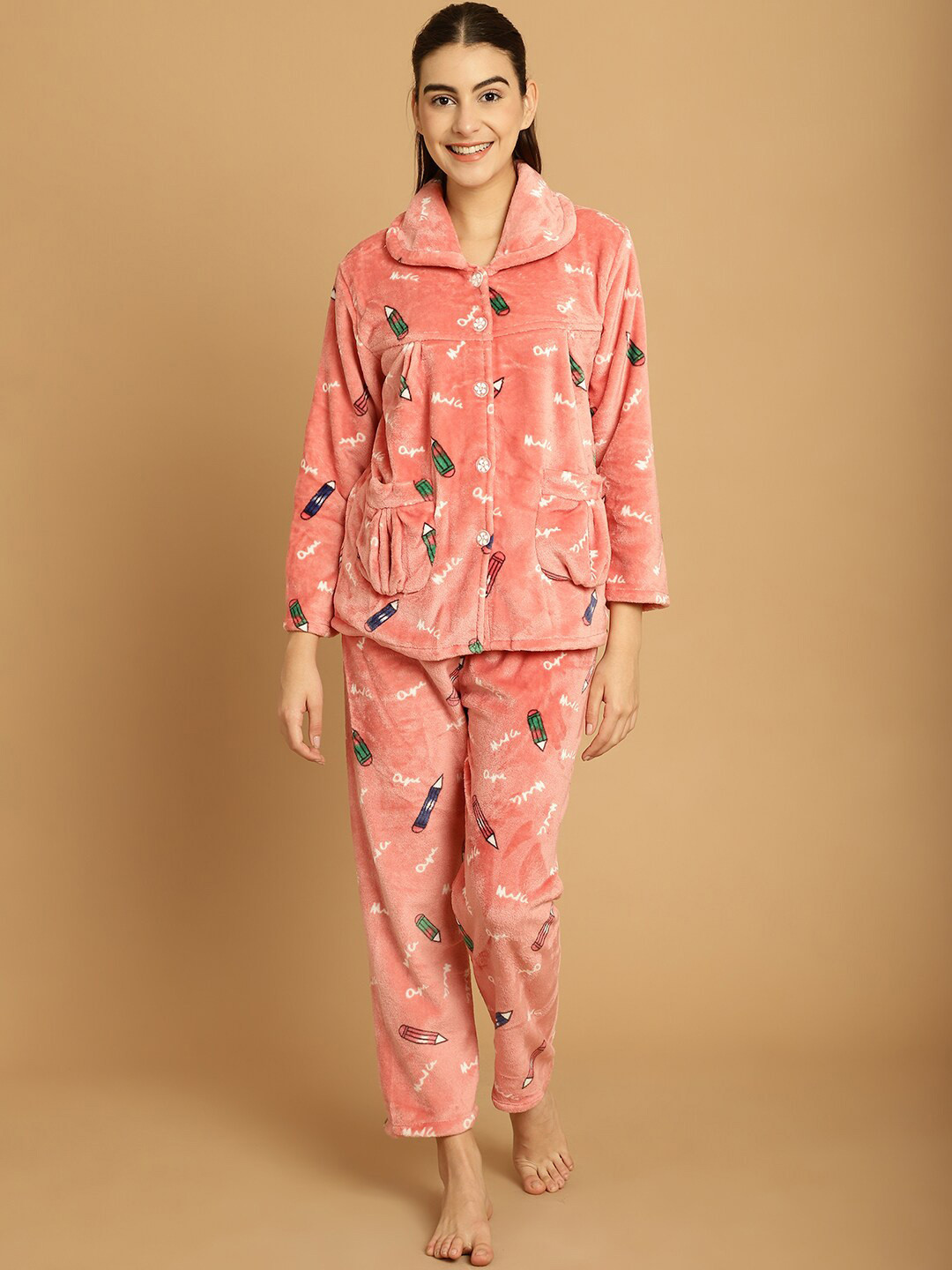 TAG 7 Women Pink Cartoon Print Warm Fur Night Suit