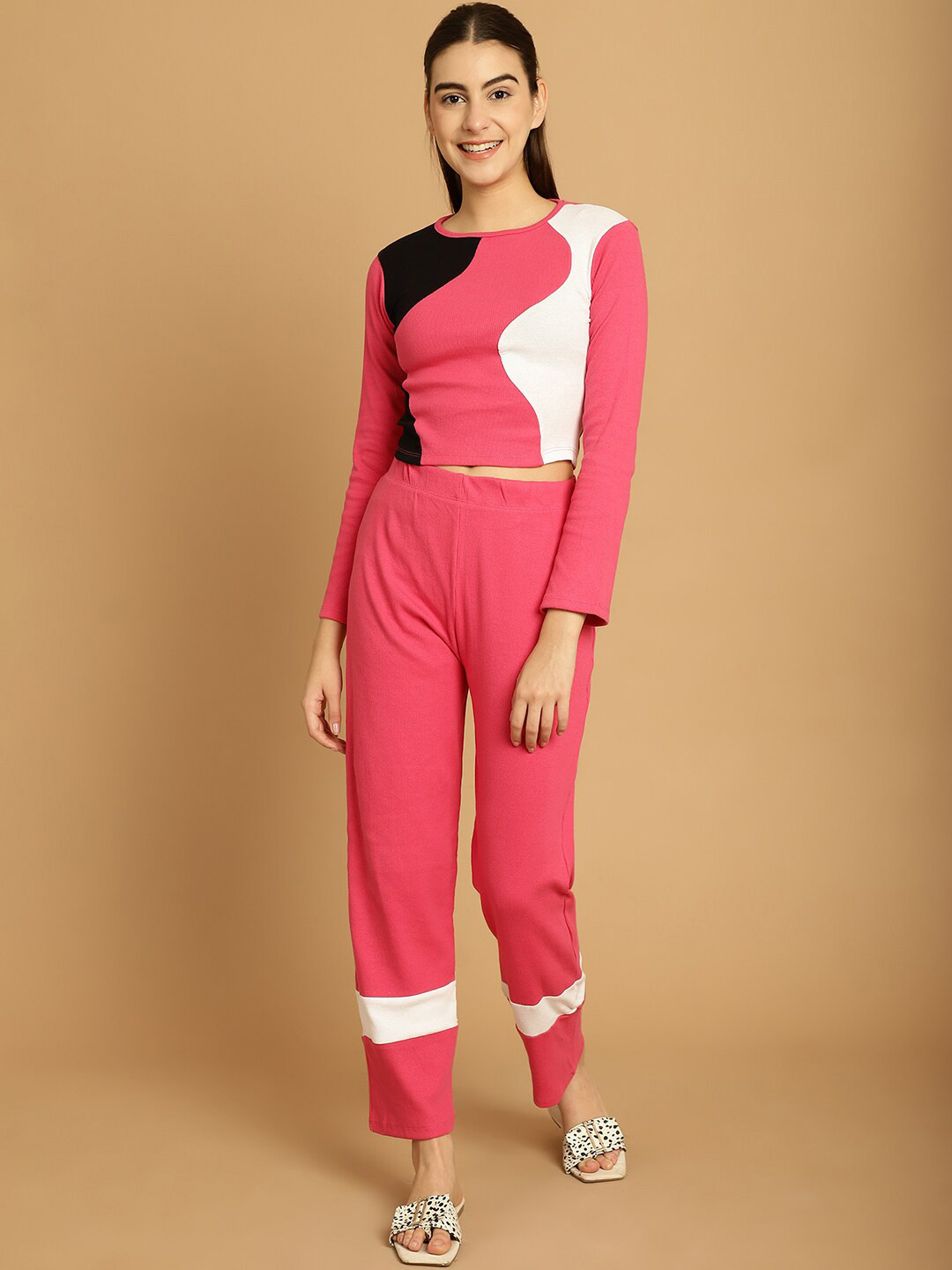 TAG 7 Colourblocked Round Neck Crop Top with Trousers