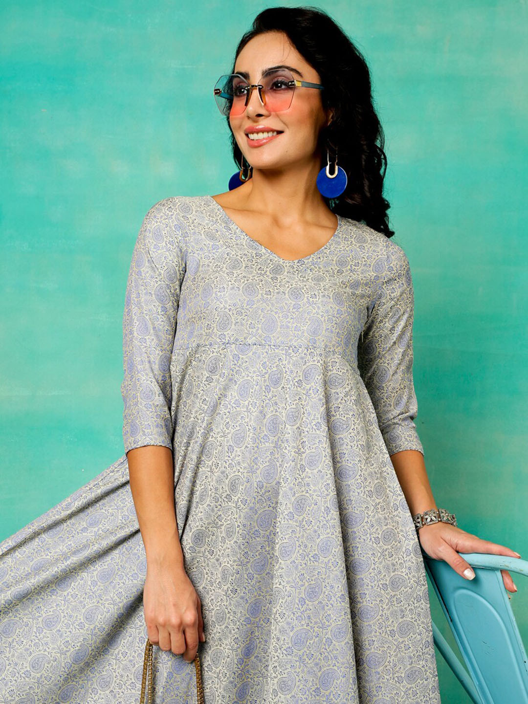 Anouk Grey Paisley Woven Design Jacquard Fit & Flare Maxi Ethnic Dress