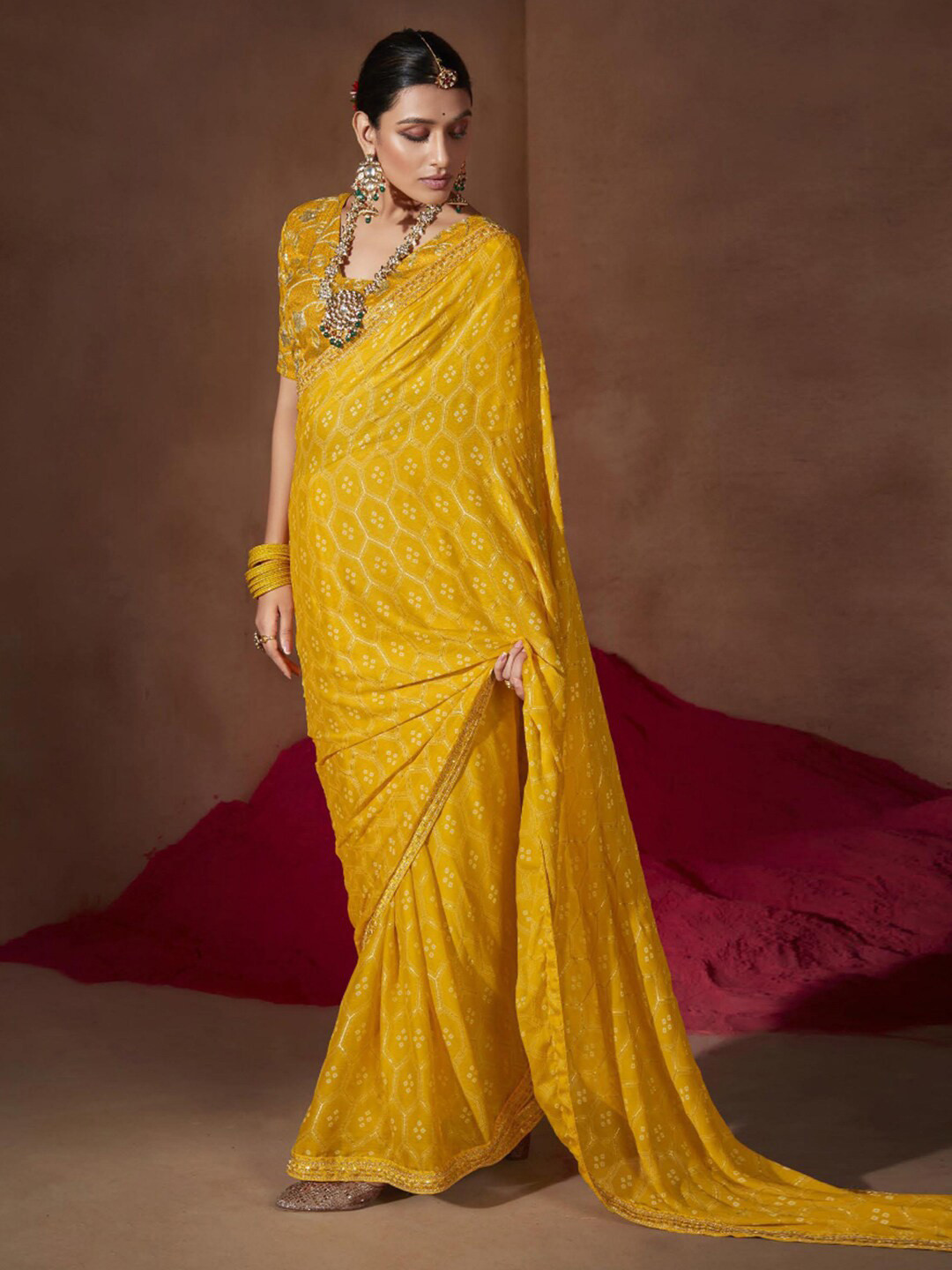 Anouk Yellow & White Bandhani Printed Sequined Pure Chiffon Bandhani Saree