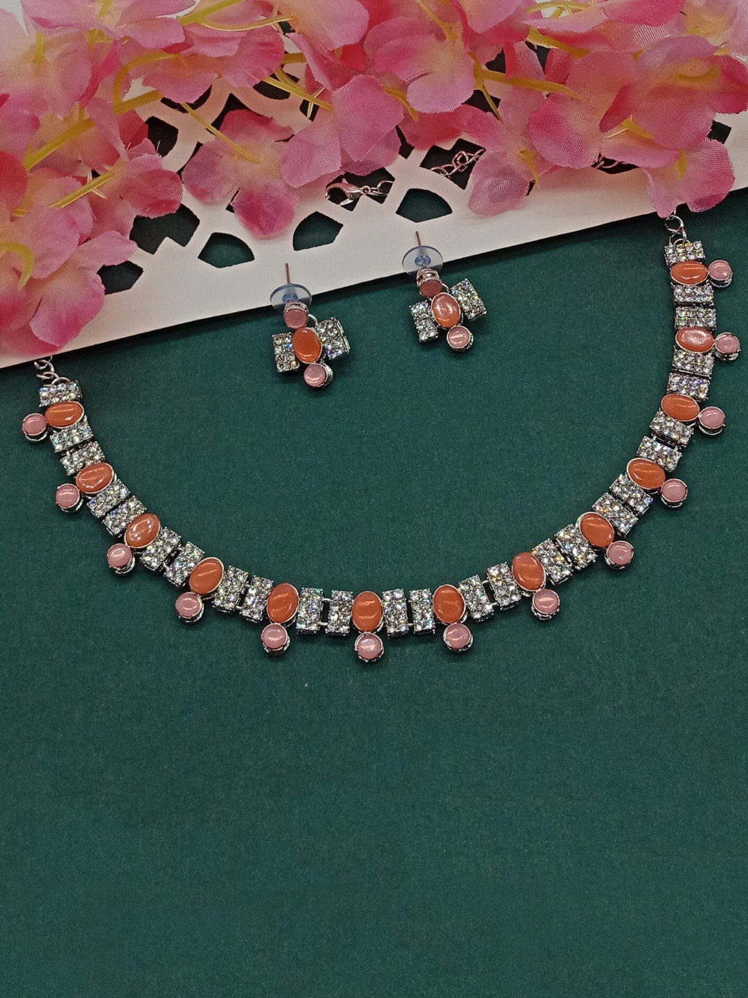 AASHISH IMITATION Rhodium-Plated Stones Studded Necklace With Earrings