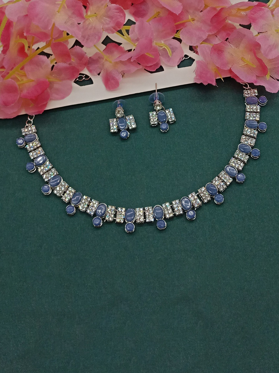 AASHISH IMITATION Rhodium-Plated Stones Studded Necklace With Earrings