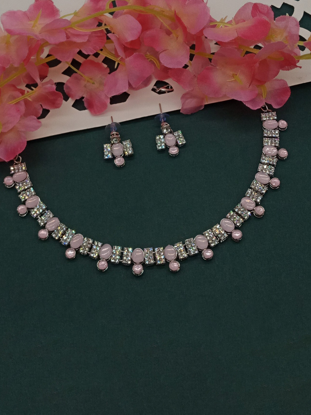 AASHISH IMITATION Rhodium-Plated Stones Studded Necklace With Earrings