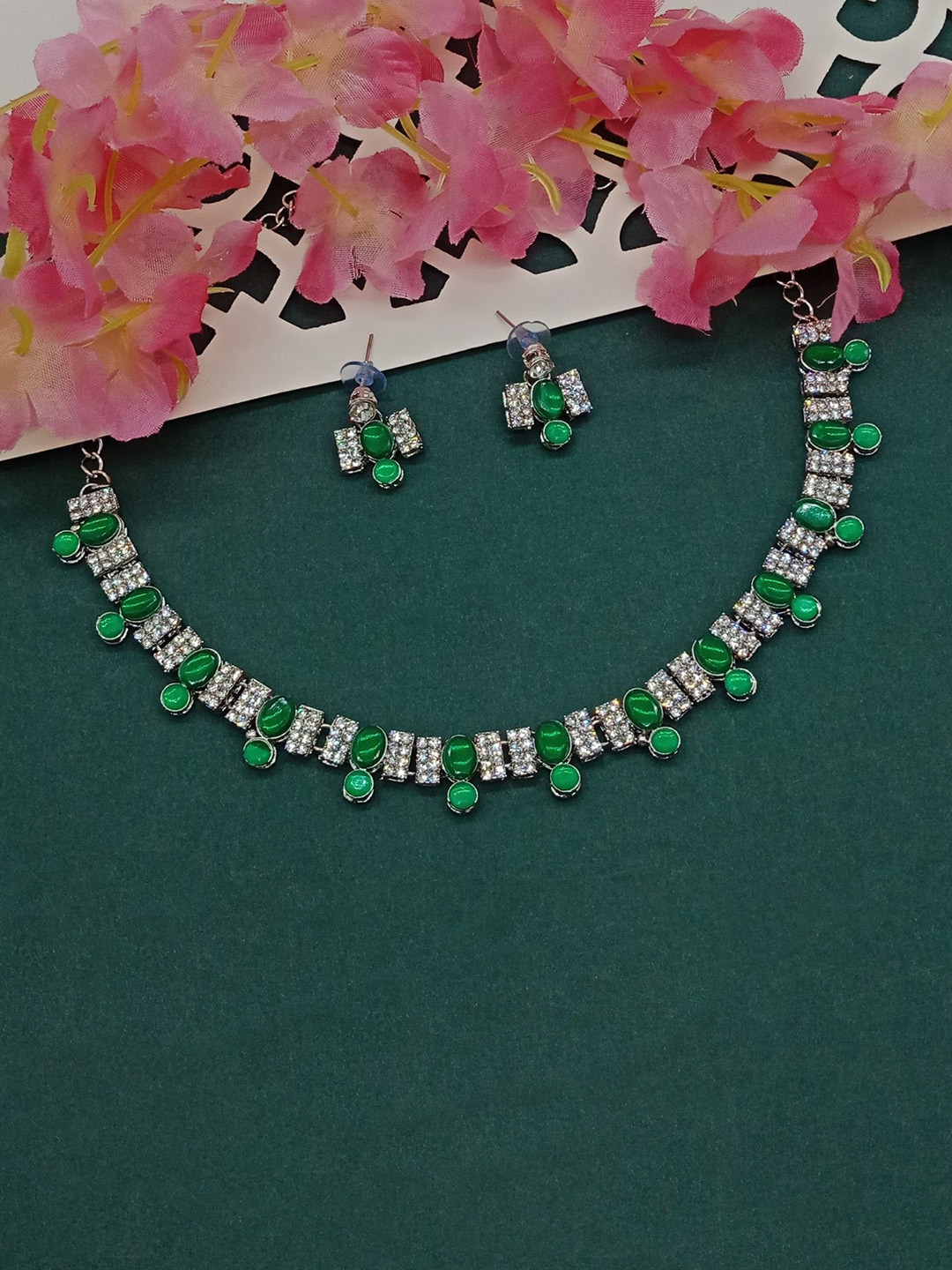 AASHISH IMITATION Rhodium Plated Stone Studded Jewellery Set