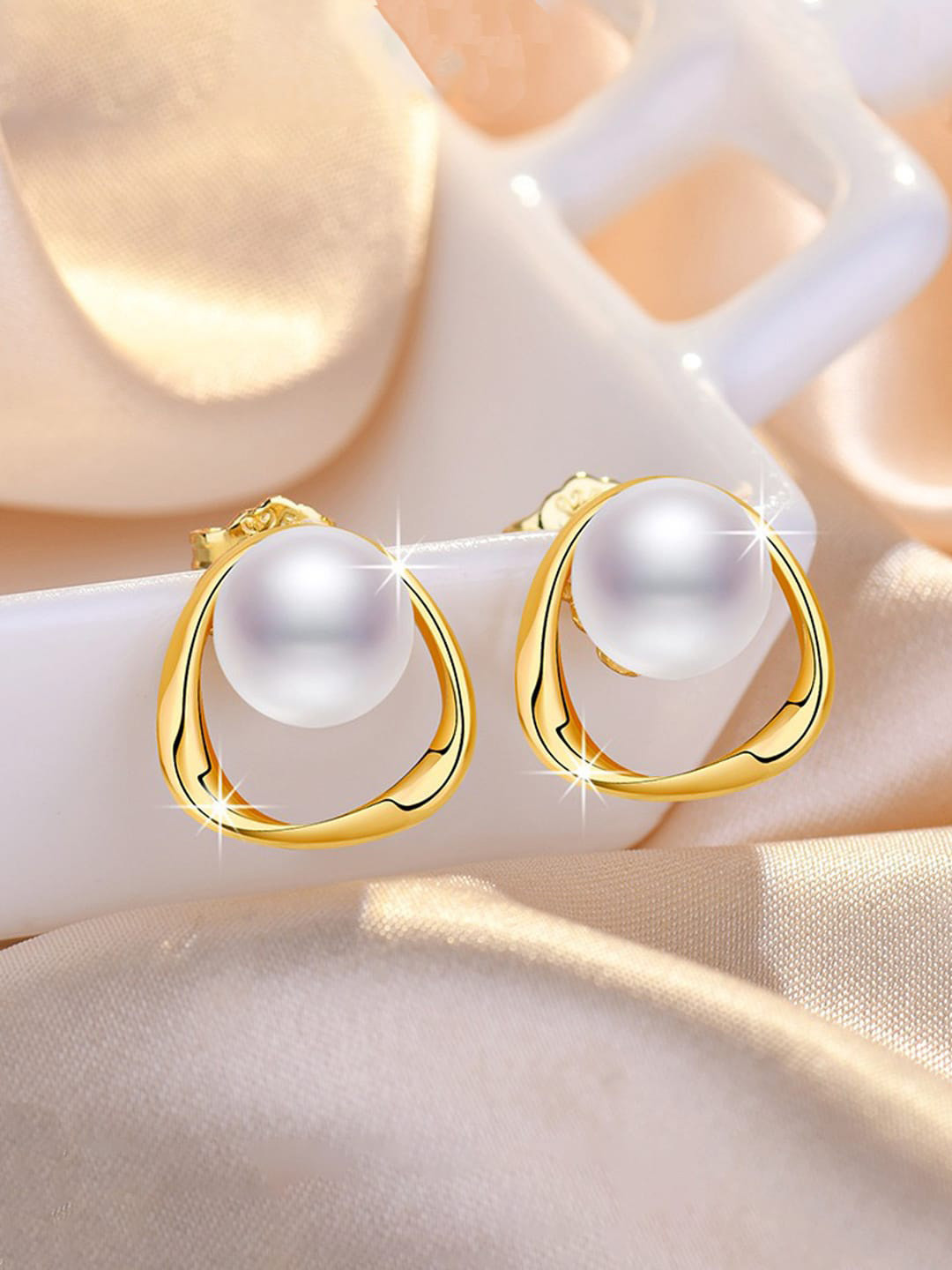 Jewels Galaxy Gold Plated Triangle Shaped Pearl Studded Korean Stud Earrings