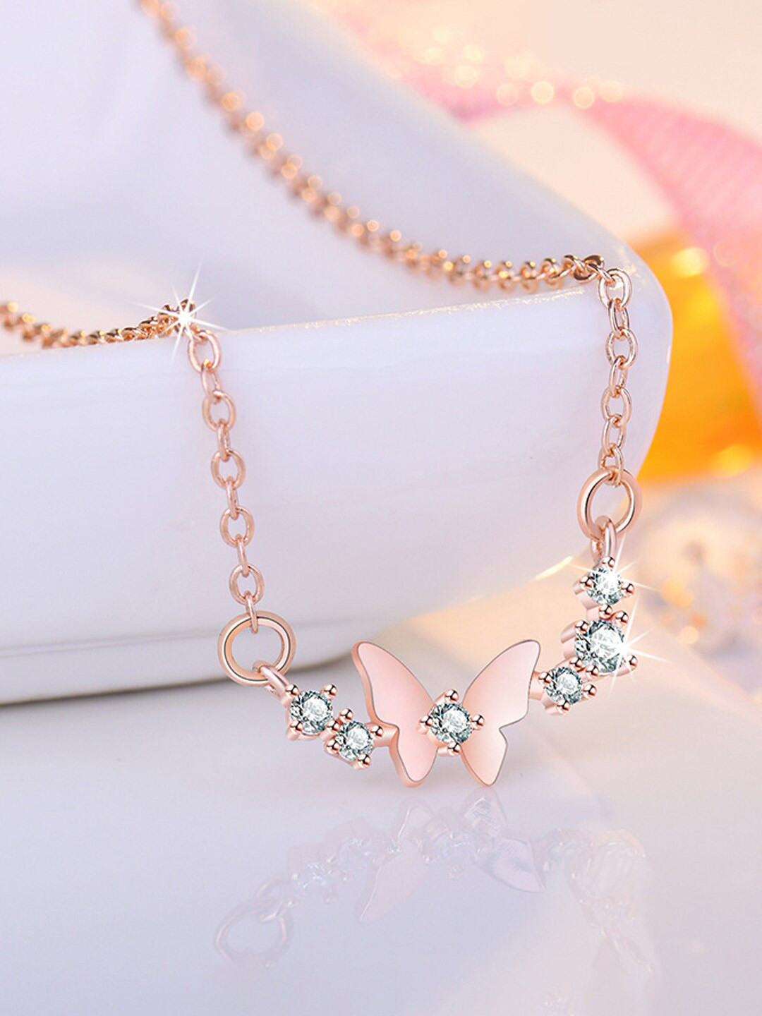 Jewels Galaxy Rose Gold-Plated American Diamond Studded Butterfly Design Necklace