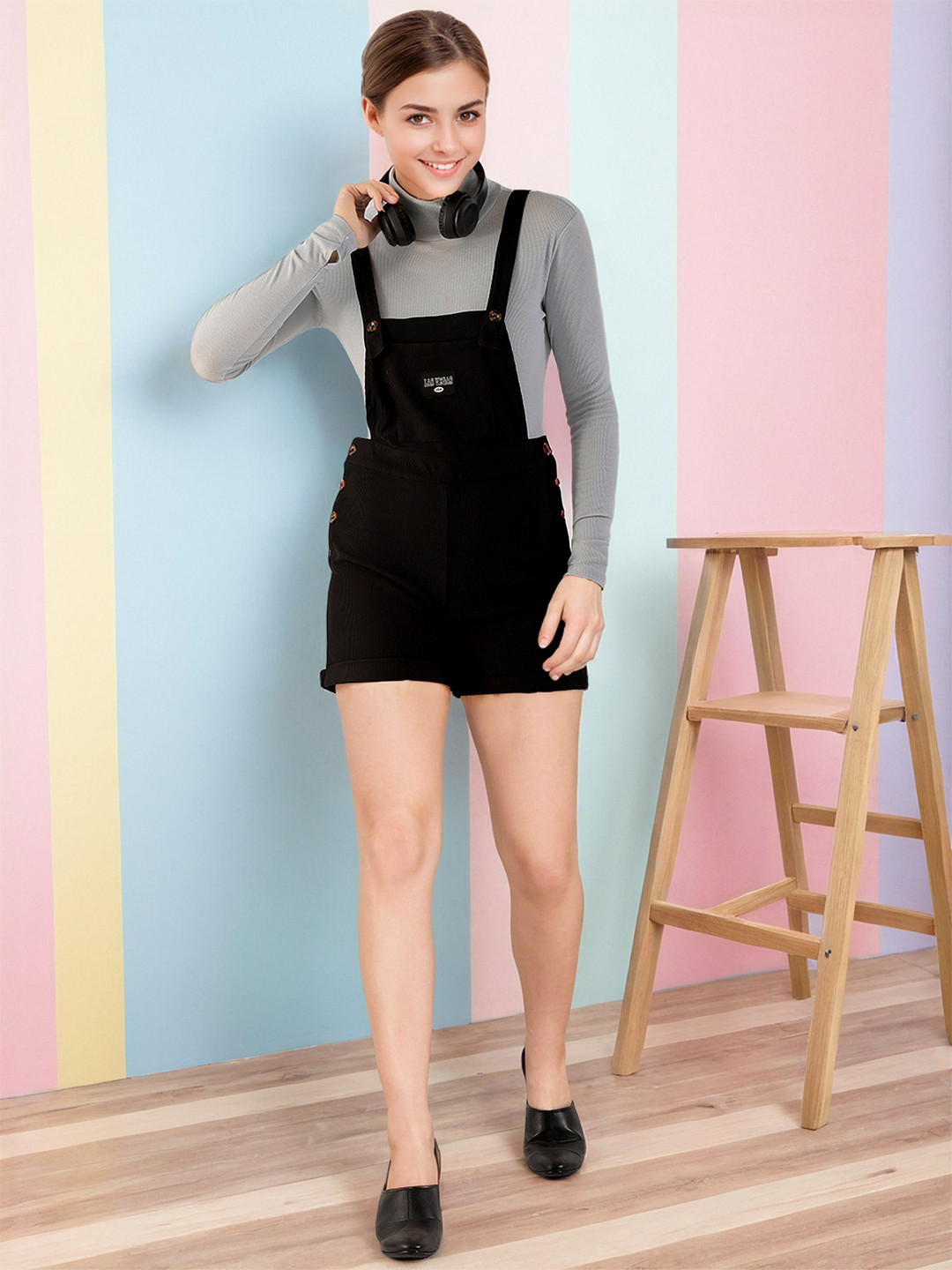 Freehand by The Indian Garage Co Black Ribbed Short Dungarees