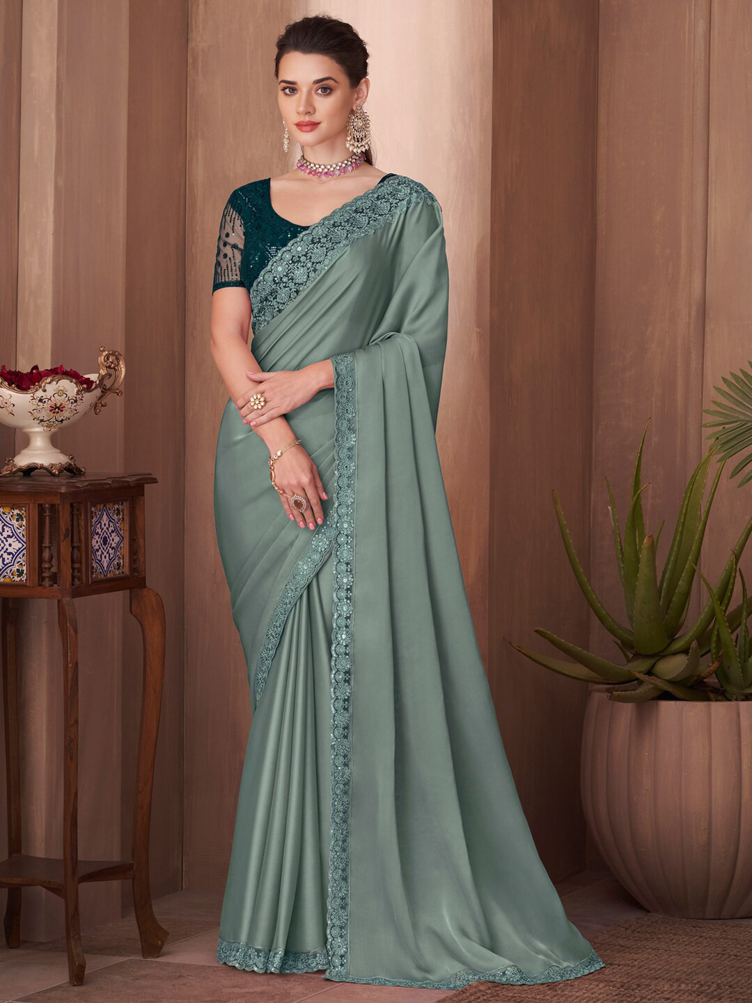 Mitera Sea Green Embellished Sequinned Border Saree