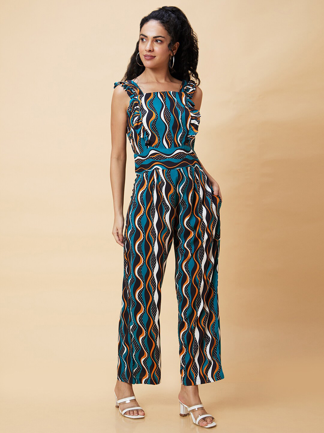 Globus Blue Printed Square Neck Basic Jumpsuit