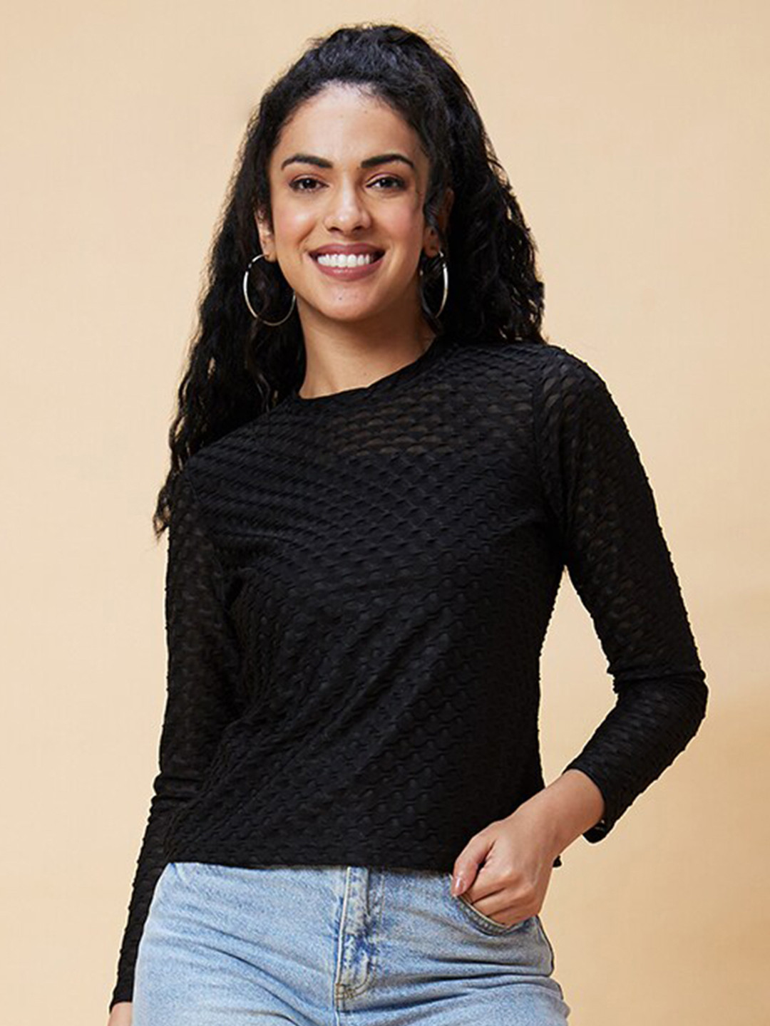 Globus Black Self Design Semi Sheer Long Sleeve Top