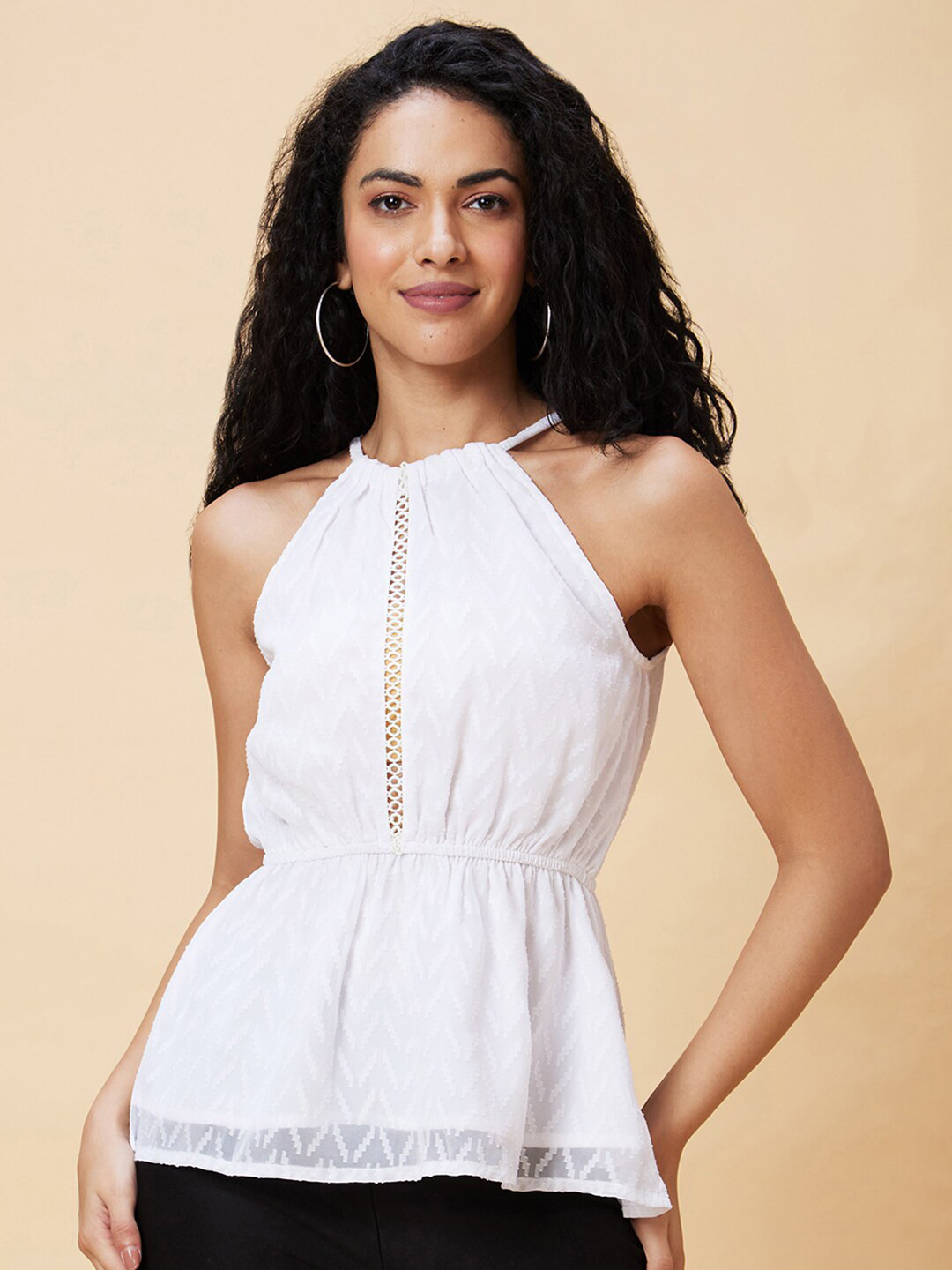 Globus White Self Design Sleeveless Cinched Waist Top