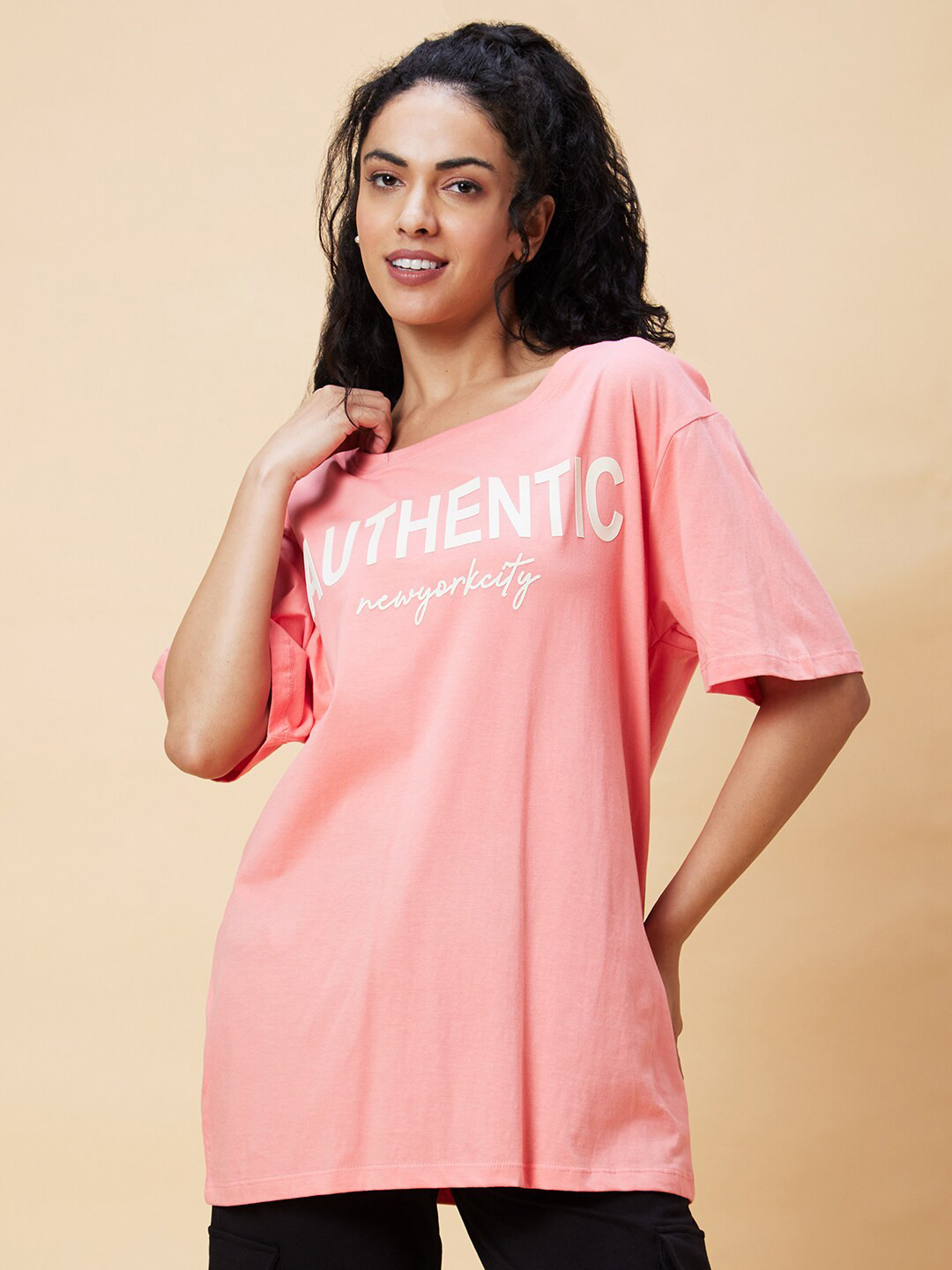 Globus Pink Typography Printed Pure Cotton Oversized T-shirt
