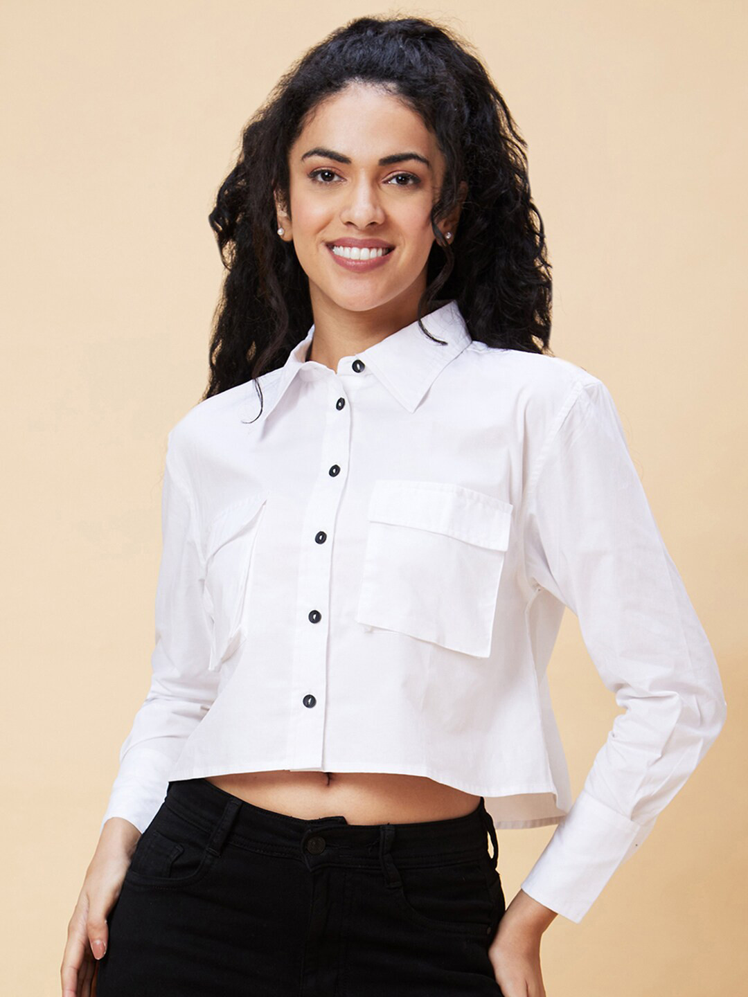 Globus White Cotton Shirt Style Crop Top