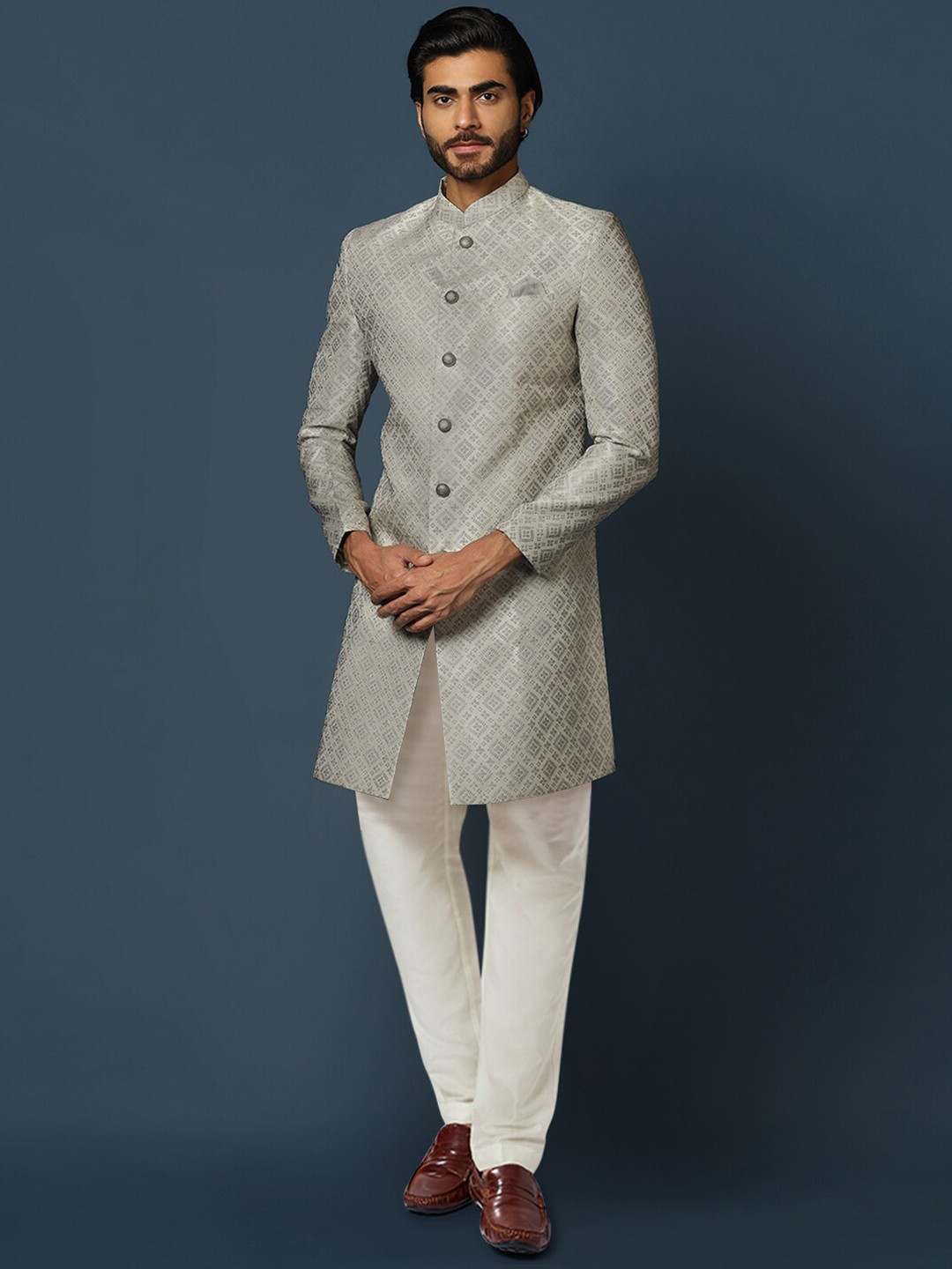 KISAH Men Woven-Design Cotton Indowestern Sherwani Churidar Set