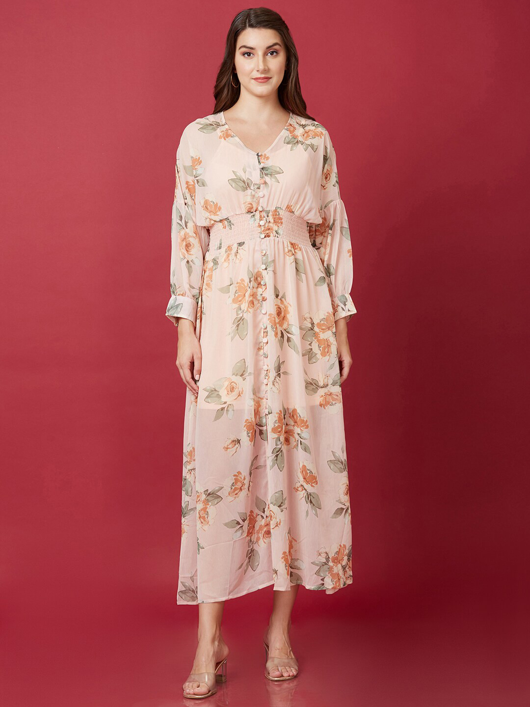 Globus Peach-Coloured Floral Printed V-Neck Smocked A-Line Midi Dress With Inner Slip