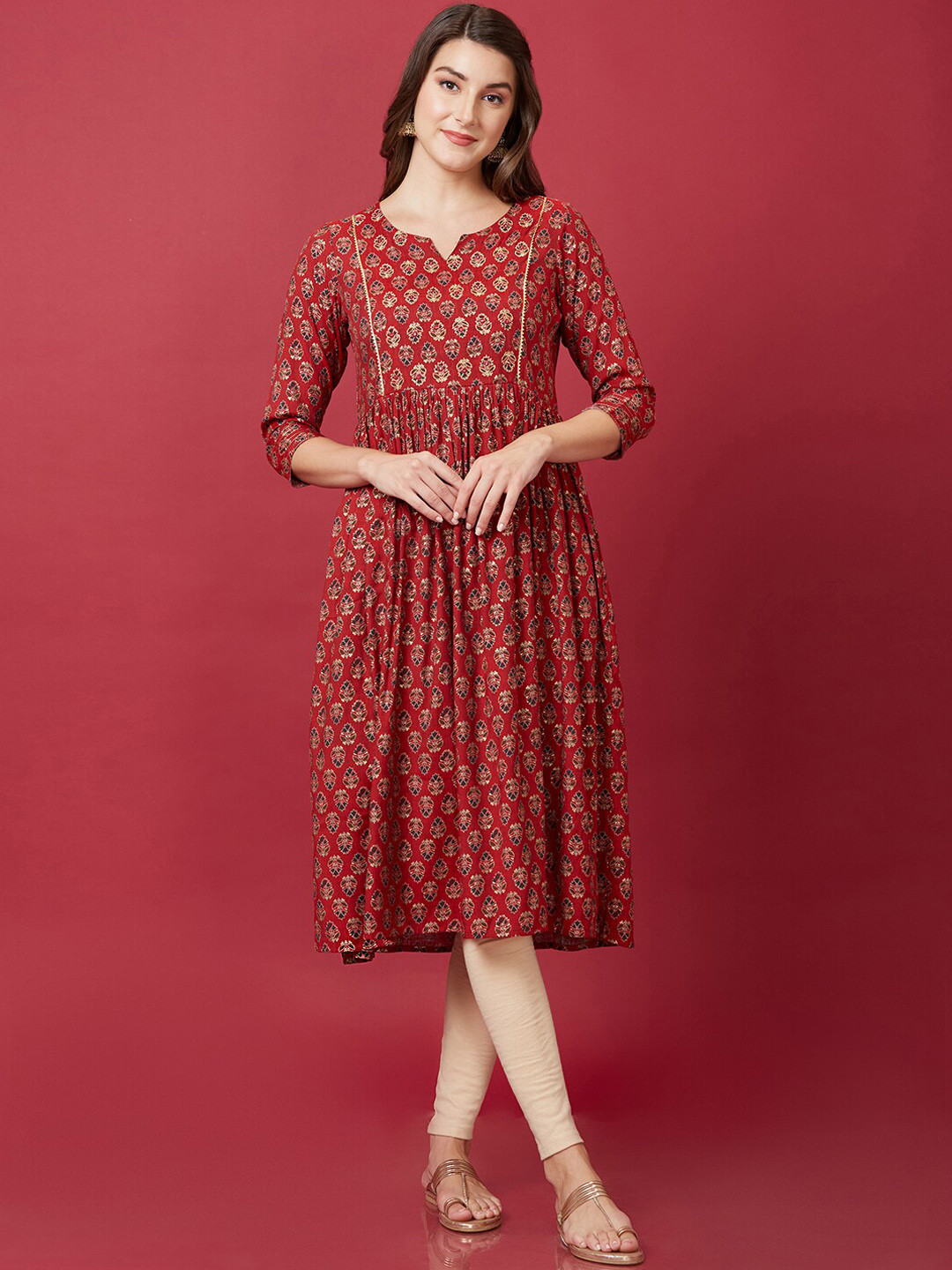 Globus Maroon Ethnic Motifs Printed Notched Neck Gotta Patti Pleated A-Line Kurta