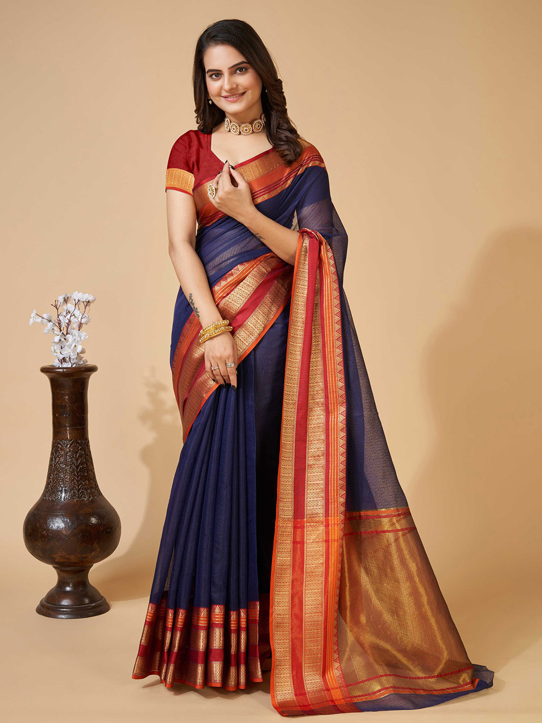 Mitera Navy Blue & Red Checked Woven Design Zari Saree