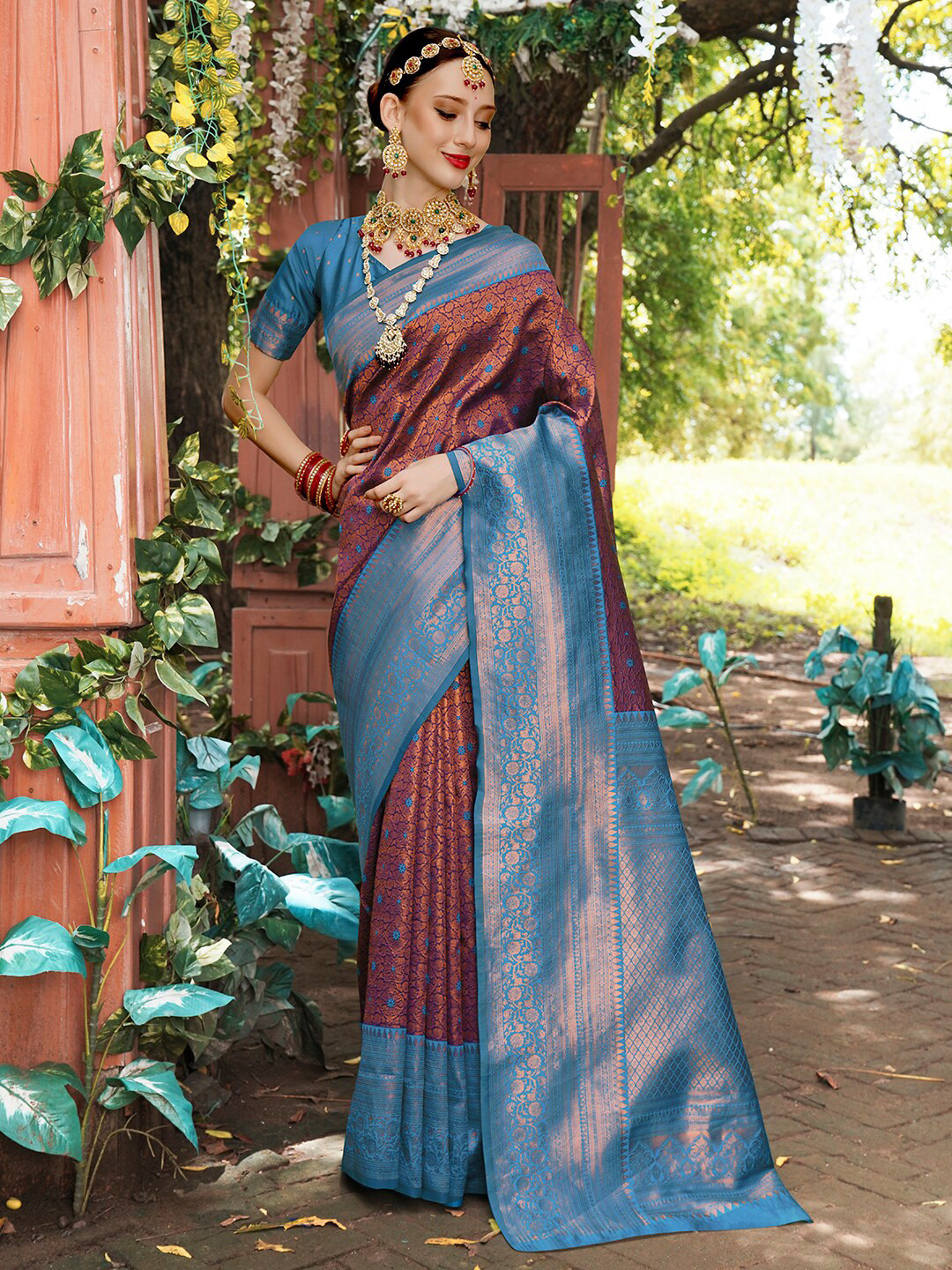 Anouk Blue & Copper-Toned Ethnic Motifs Woven Design Zari Art Silk Kanjeevaram Saree