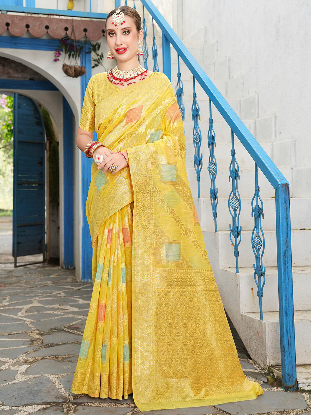 Anouk Rustic  Yellow & Pink Ethnic Motifs Woven Design Zari Art Silk Saree