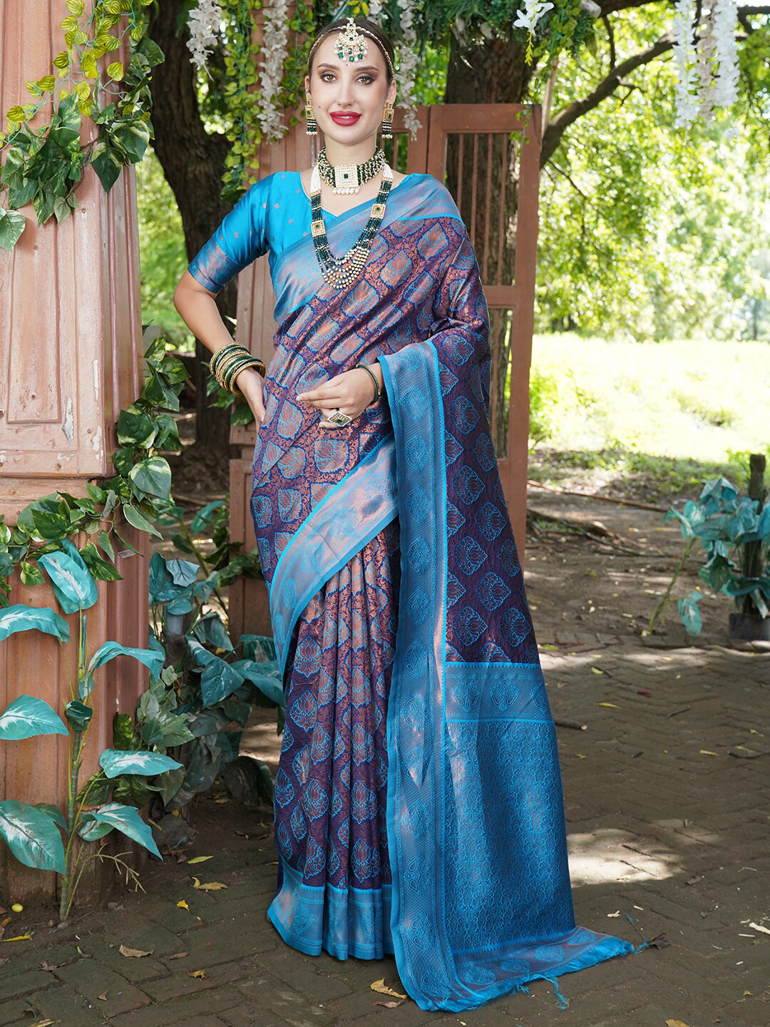 Anouk Blue & Copper-Toned Ethnic Motifs Woven Design Zari Art Silk Kanjeevaram Saree