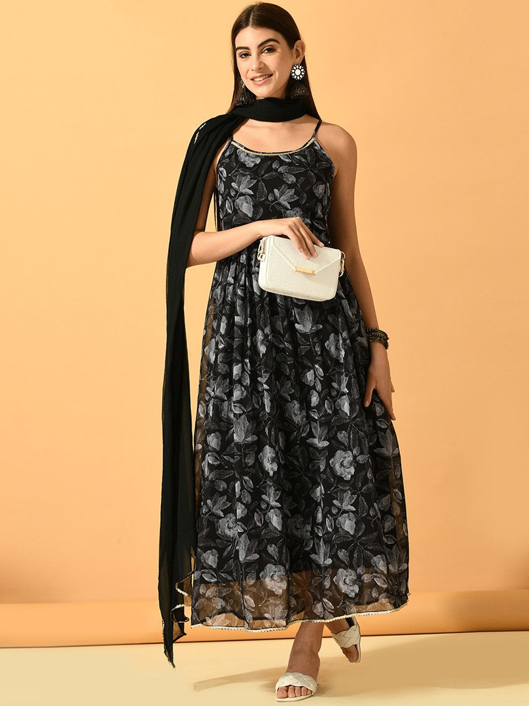 Myshka Floral Printed Shoulder Straps Fit & Flare Ethnic Dresses With Dupatta