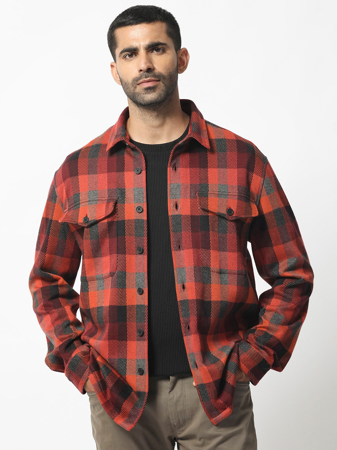 RARE RABBIT Men Beteta Shepherd Checked Spread Collar Cotton Shacket