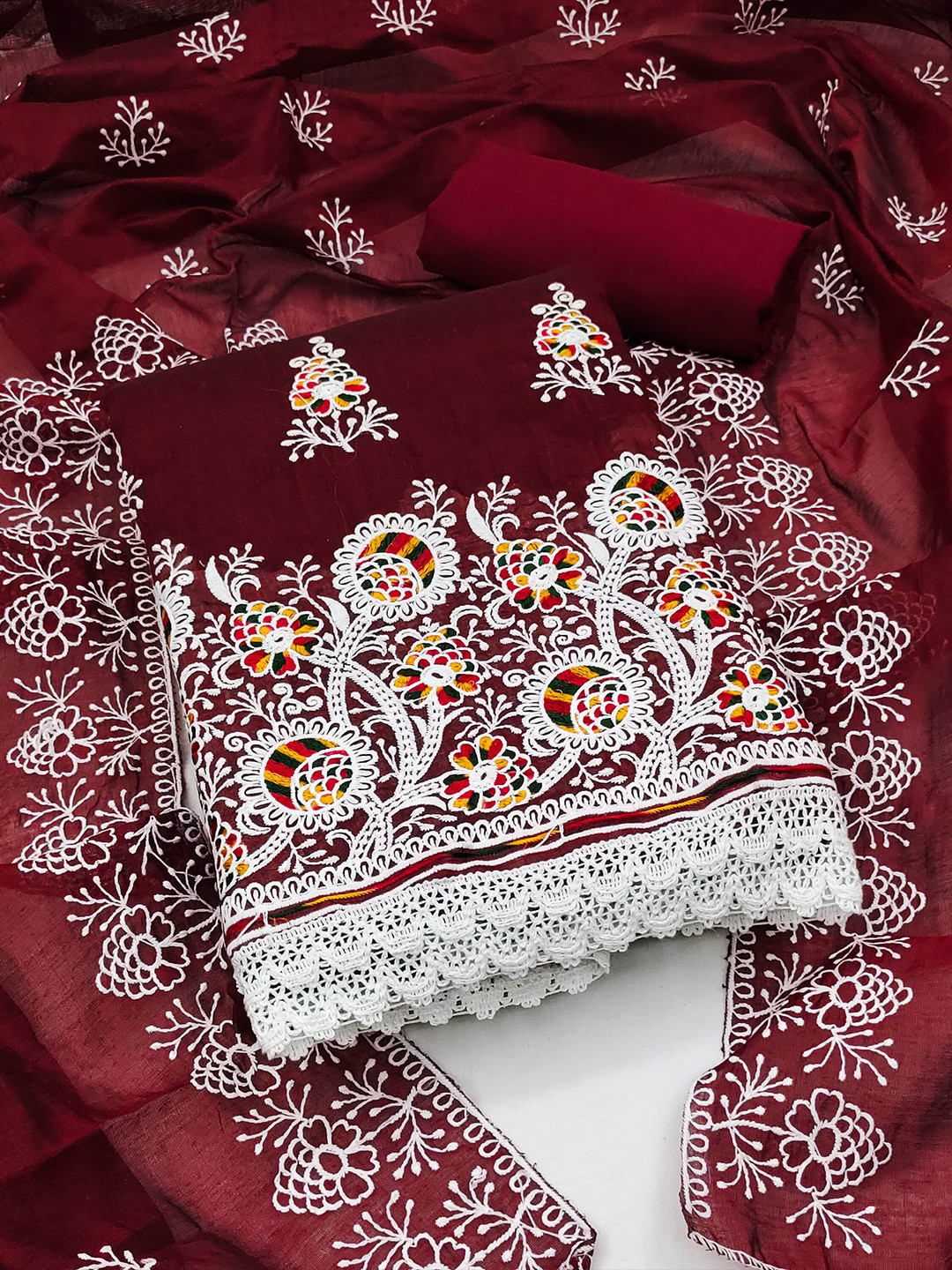 SHADOW & SAINING Maroon & White Embroidered Unstitched Dress Material