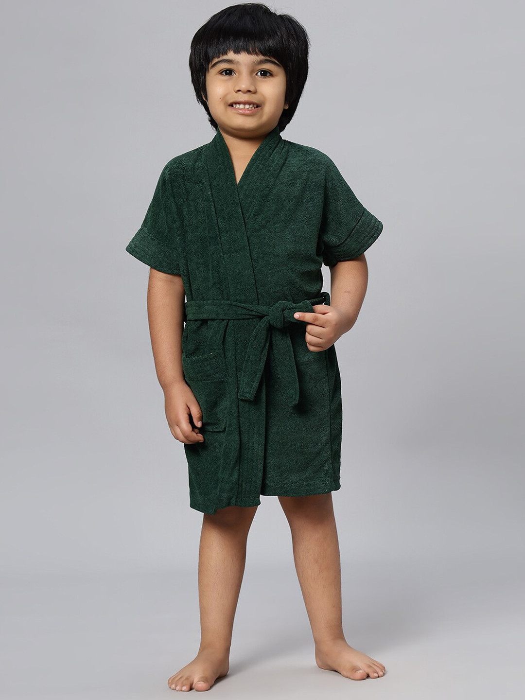 LacyLook Green Solid Terrycloth Drawstring Knee Length Bath Robe-M