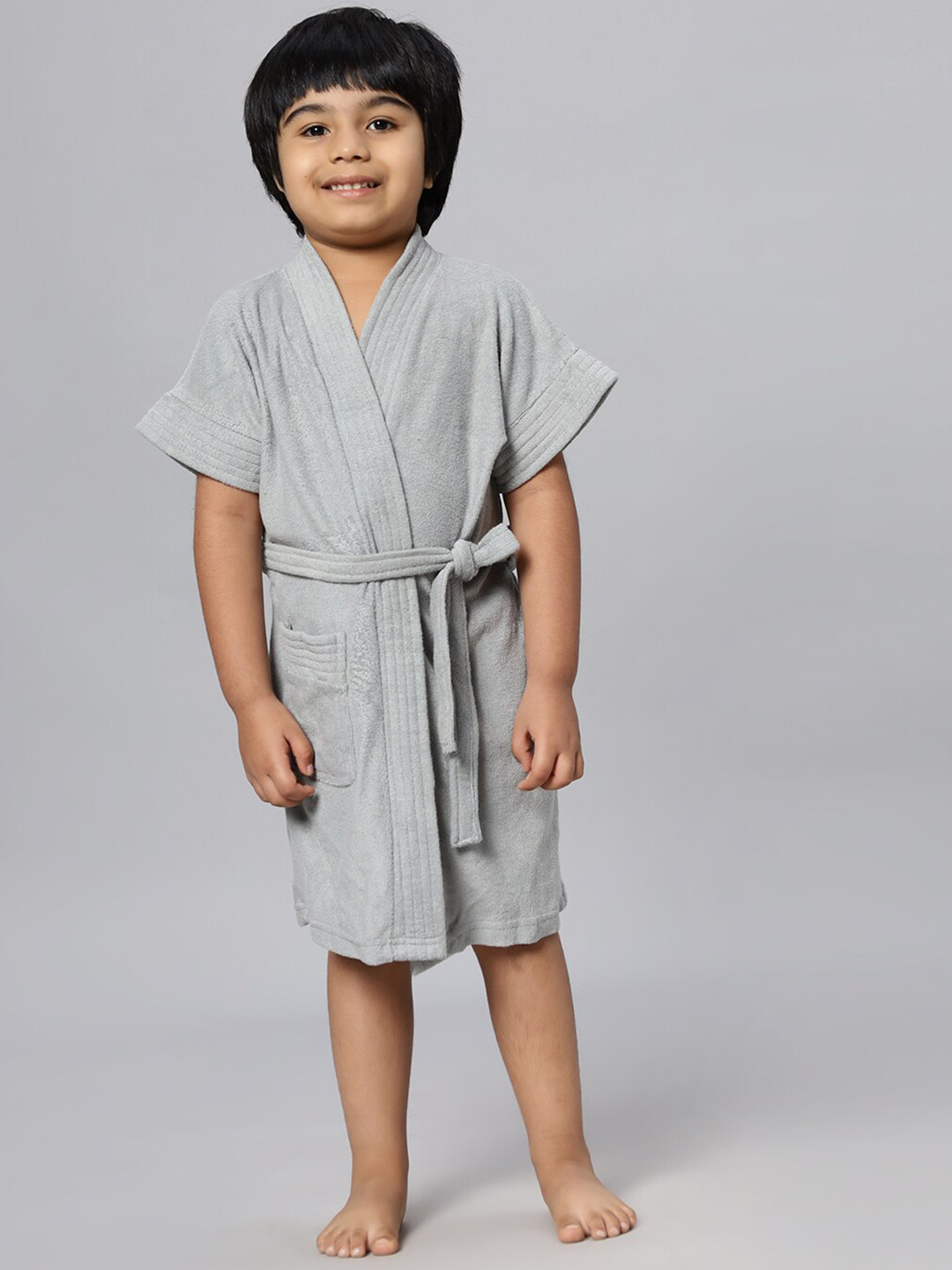 LacyLook Grey Solid Terrycloth Drawstring Knee Length Bath Robe-M