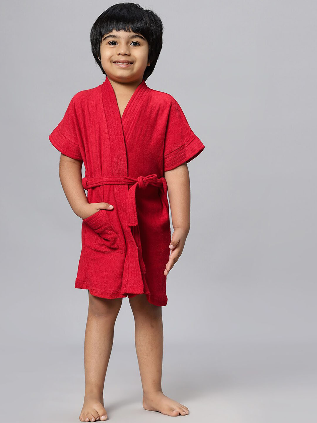 LacyLook Red Solid Terrycloth Drawstring Knee Length Bath Robe-M
