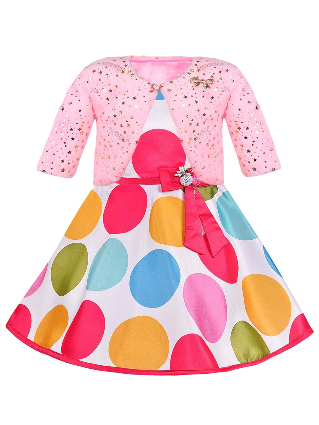 Wish Karo Girls Polka Dot Satin Fit & Flare Dress With Jacket