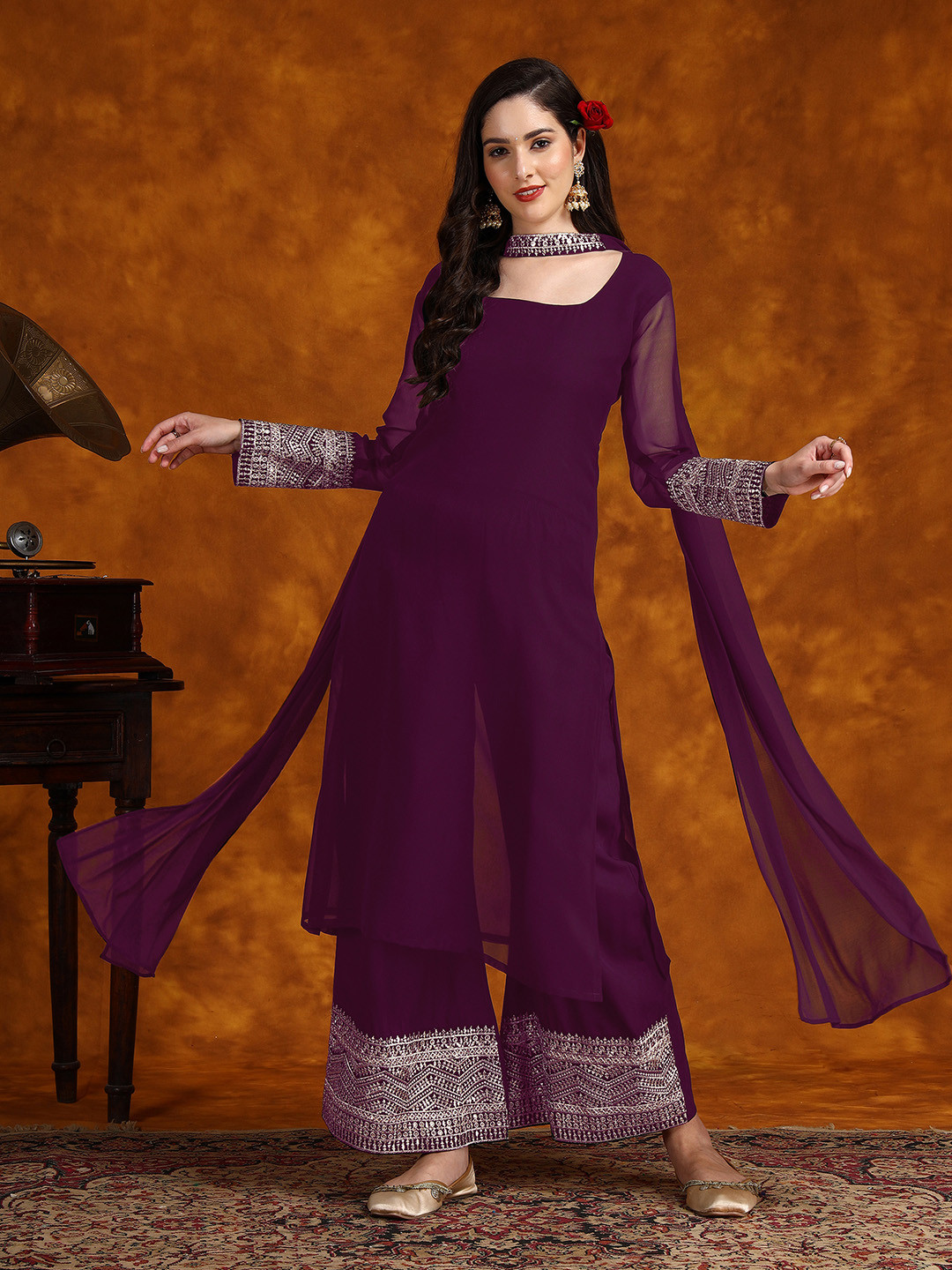 Sangria Embroidery Georgette Kurta Palazzo With Dupatta Set