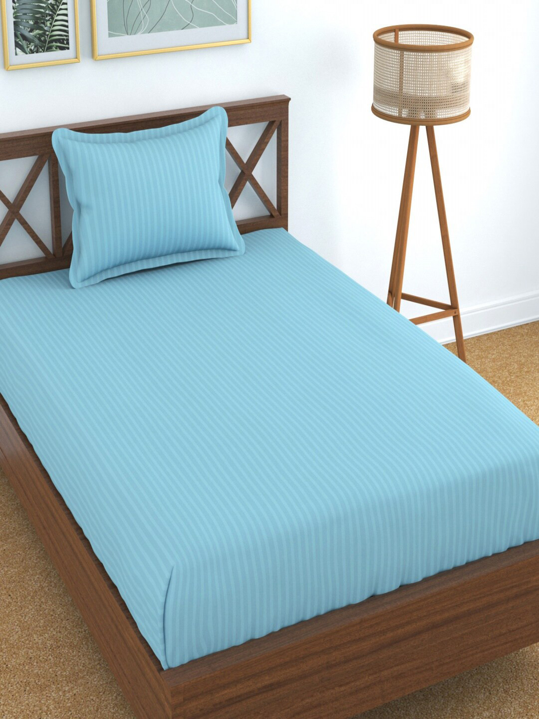 Homefab India Daisy Blue Striped Microfiber 180 TC Single Fine 2 Bedsheet with 2 Pillow Covers-225 x 145 cm