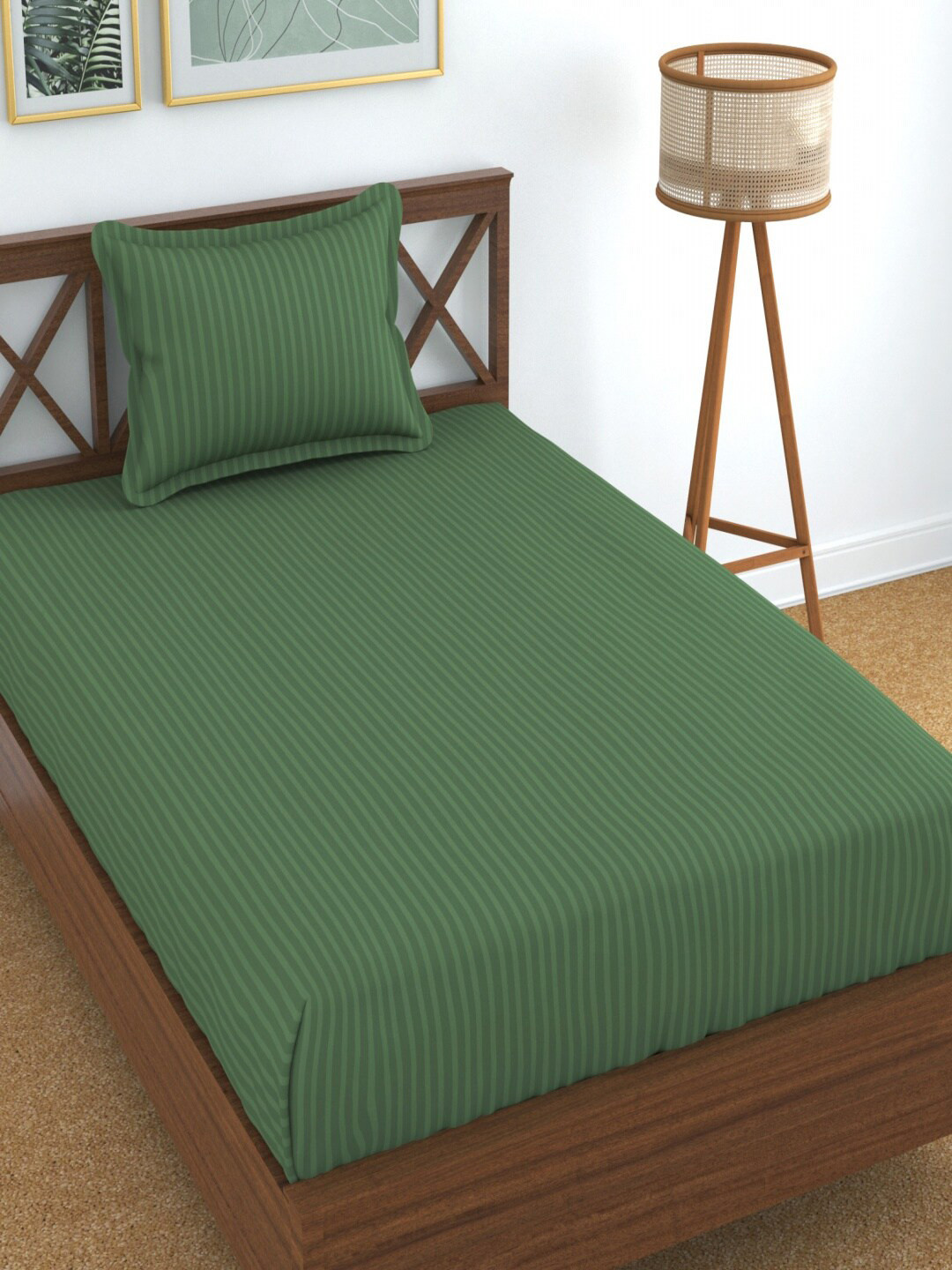 Homefab India Green Striped Microfiber 180 TC Single Fine 2 Bedsheet with 2 Pillow Covers-225 x 145 cm