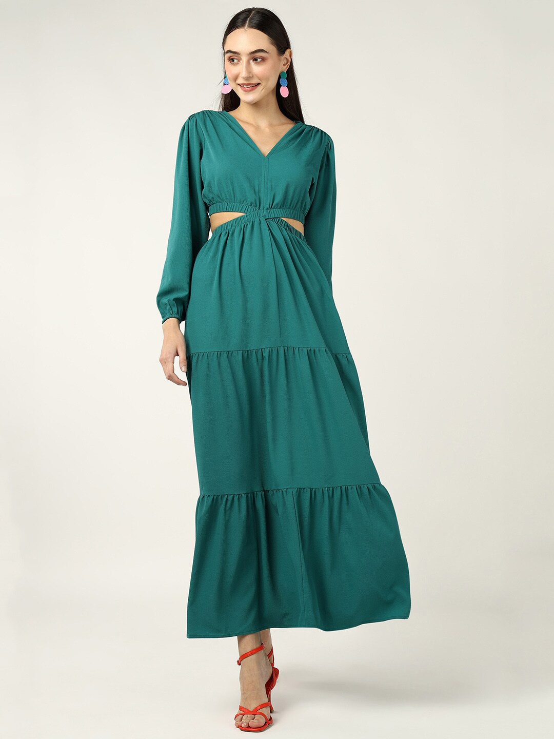 Mast & Harbour Green V-Neck Puff Sleeves Cot Out Crepe Maxi Dress