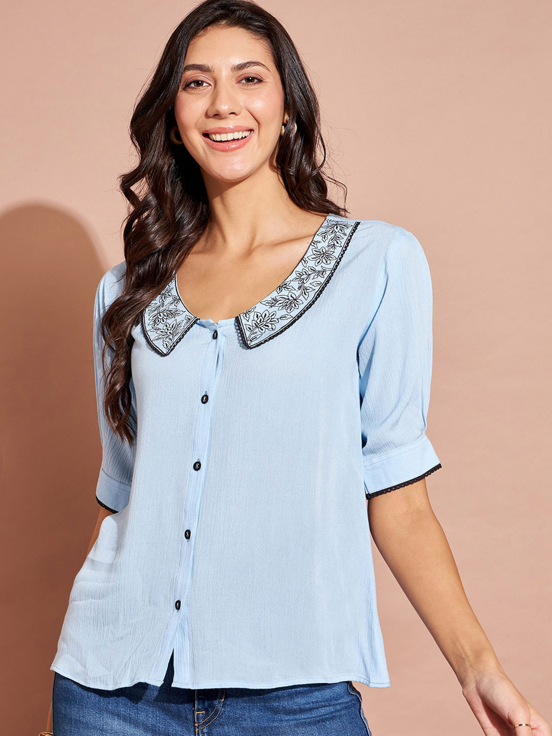 DressBerry Blue Peter Pan Collar Shirt Style Top