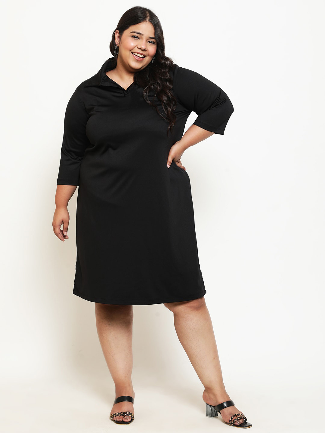 Amydus Plus Size Shirt Collar  Woolen A-Line Dress
