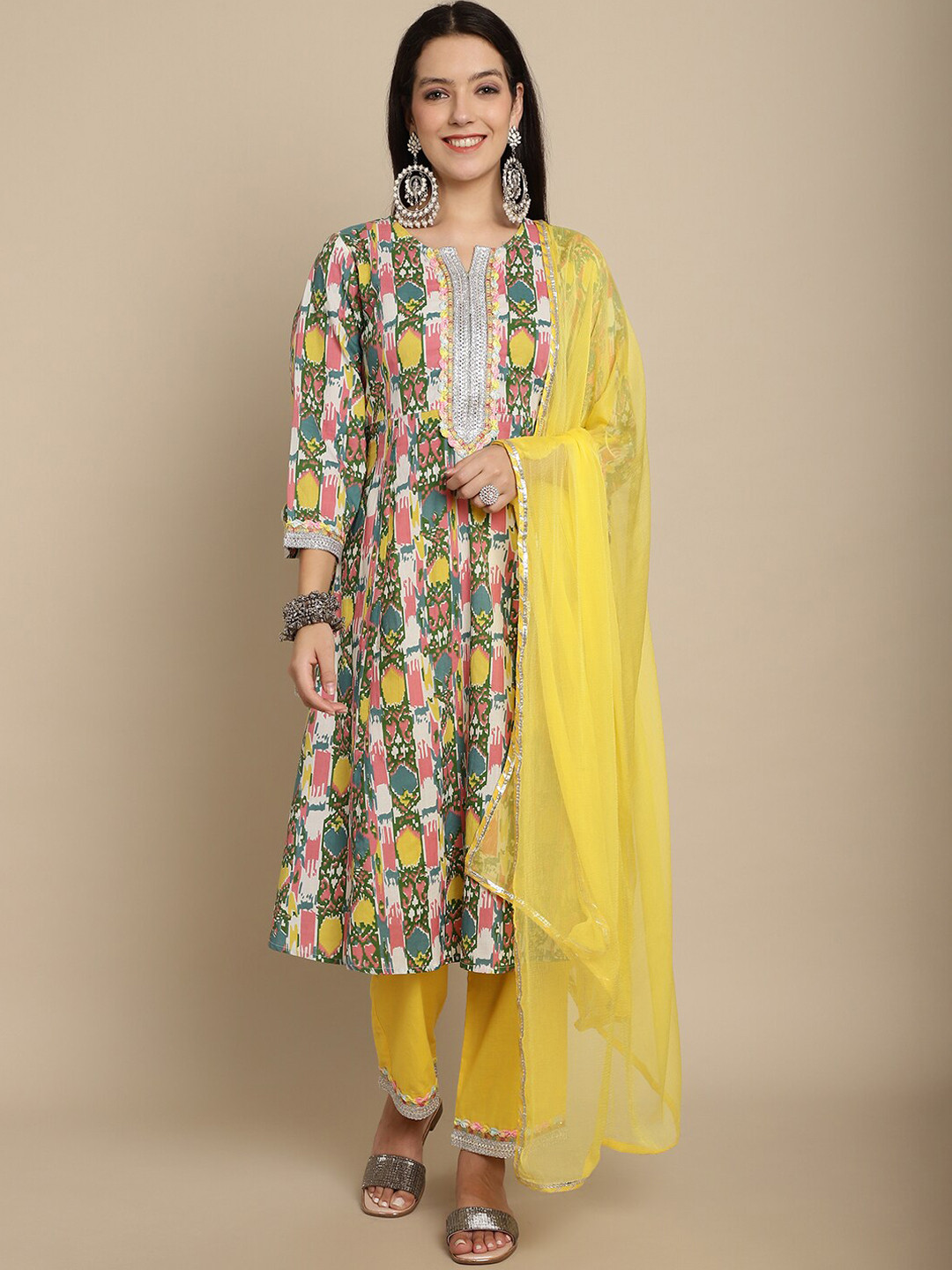 Kamayra Ethnic Motifs Printed Gotta Patti Pure Cotton A Line Kurta With Trousers & Dupatta
