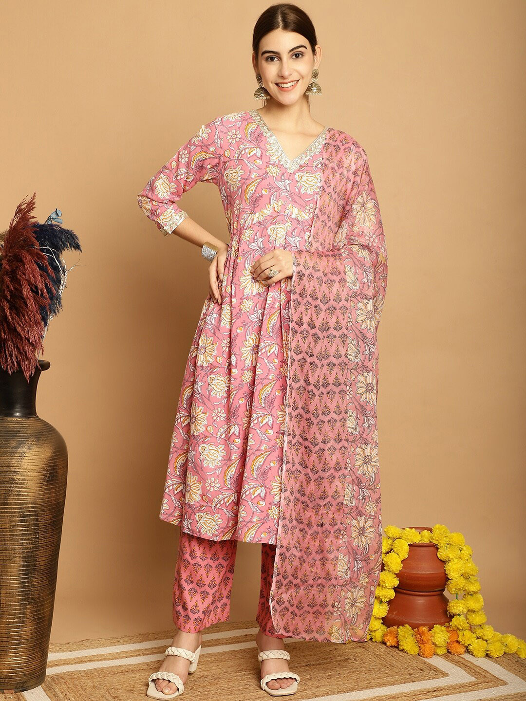 Kamayra Floral Printed V-Neck Thread Work Pure Cotton A-Line Kurta & Palazzos With Dupatta