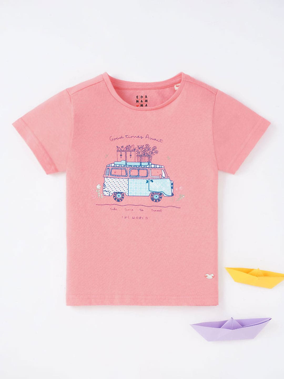 Ed-a-Mamma Girls Travel Printed Round Neck Pure Cotton T-shirt