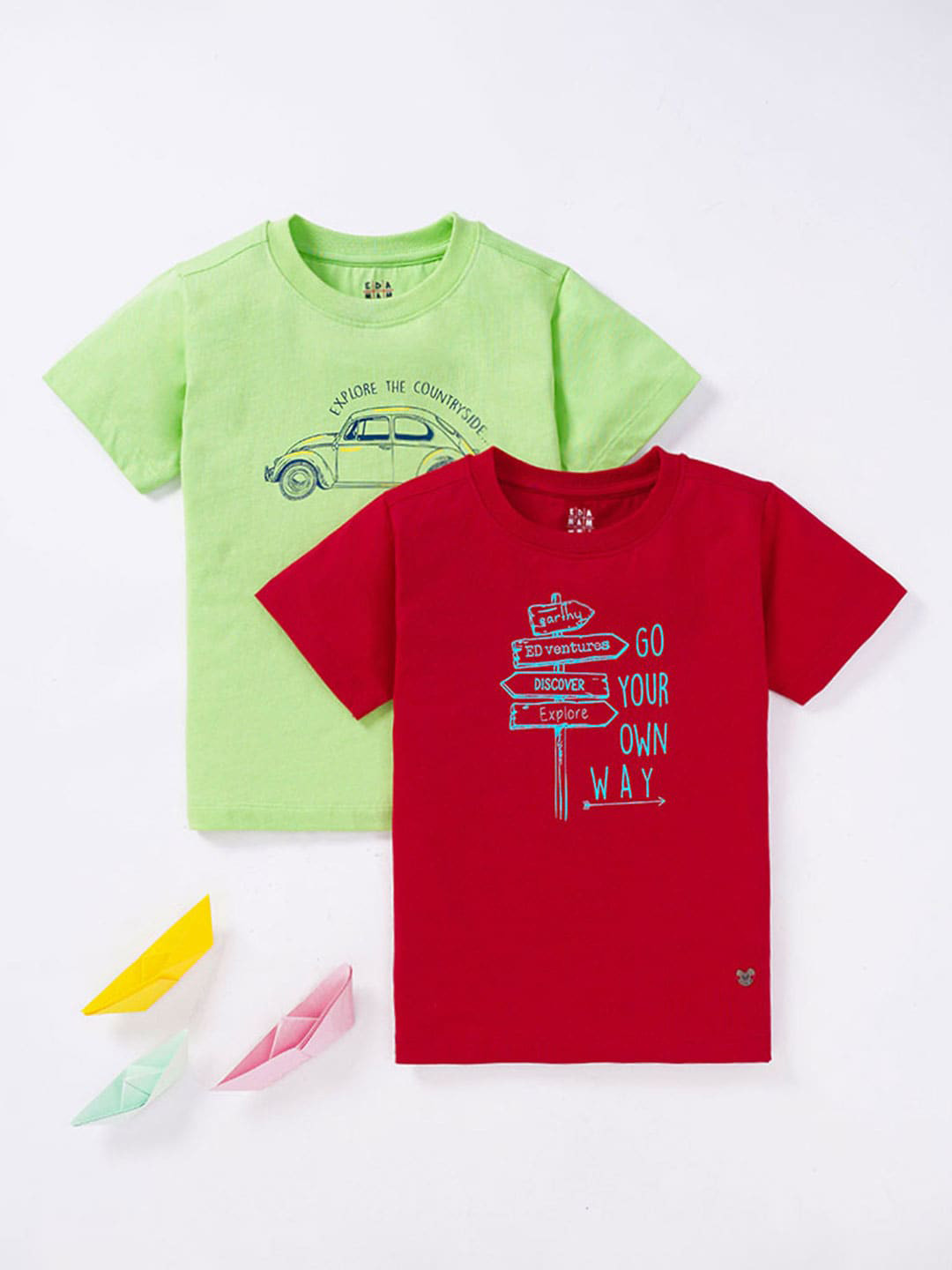 Ed-a-Mamma Boys Pack of 2 Graphic Printed Round Neck Pure Cotton T-shirts